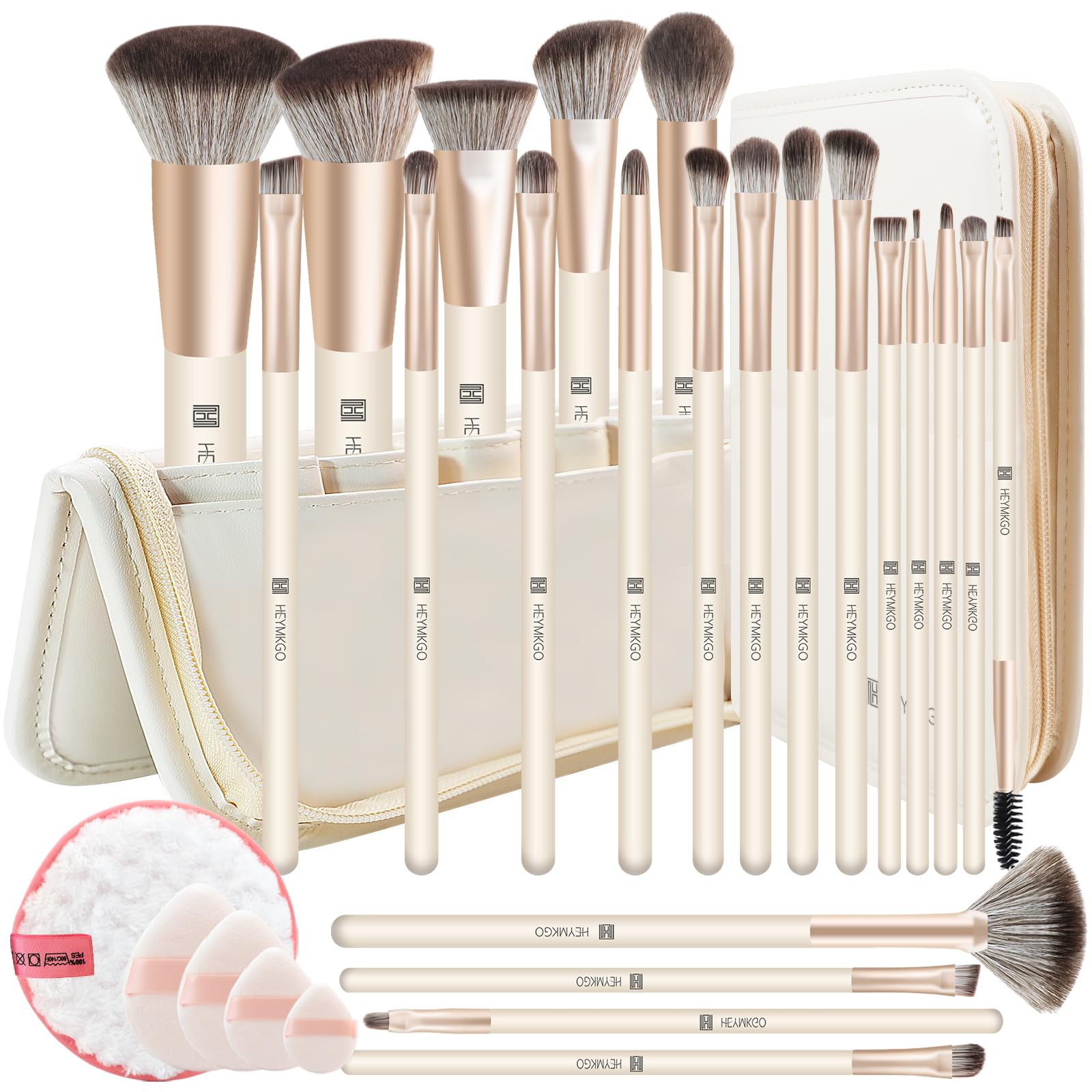 HEYMKGO Pinceaux de Maquillage 22PCS Professionnel Premium Synthétique Fond de Teint Poudre Fard à Joues Pinceau Visage Ombre à Paupières Eyeliner+4 Bouffées poudre+EpongeNettoyage+Voyage Cosmétique