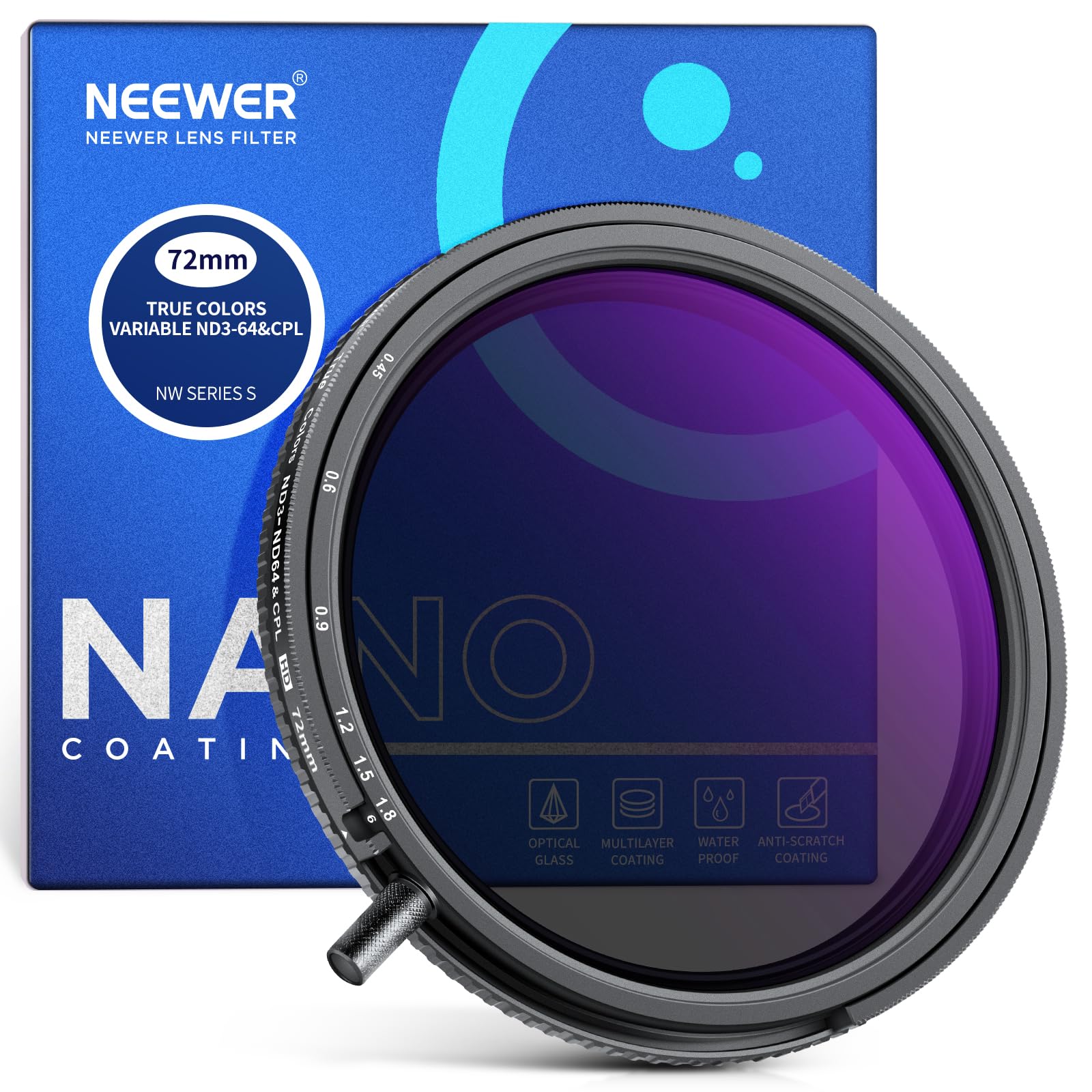 NEEWER 72mm True Color Filtre ND3-ND64 & CPL Variable 2 en 1, Densité Neutre Réglable Filtre ND Polarisant Circulaire Verre Optique HD Multicouche Accessoires/Cadre Aluminium/Hydrofuge/Anti-Rayures