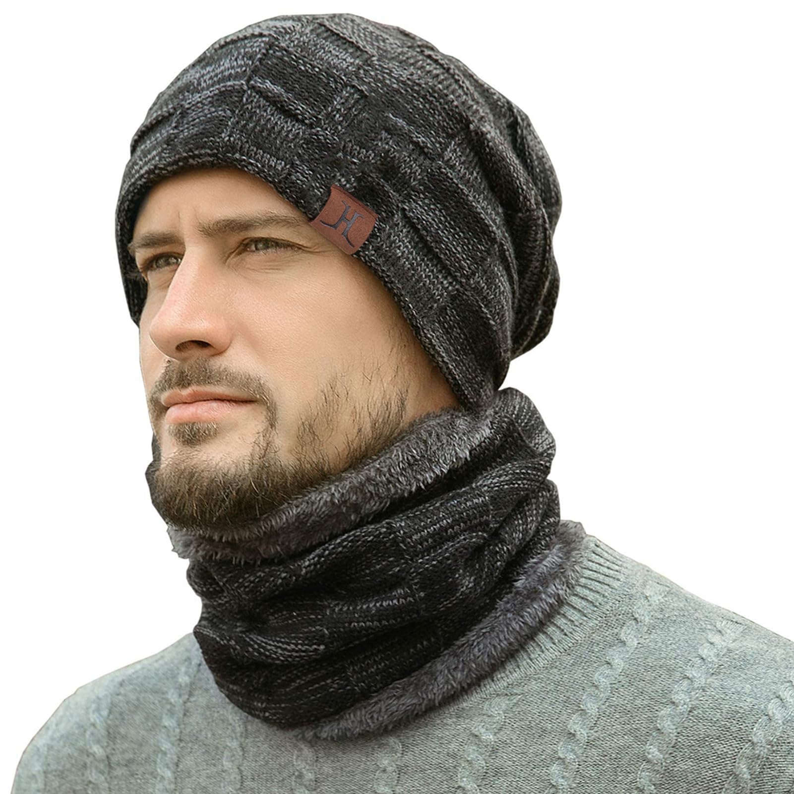 Bequemer Laden Hommes Hiver Bonnet Écharpe Cache-Cou Infinie Ensemble Chaud | Bonnet Chapeau Homme Thermique Écharpe Polaire Tricot pour Neige Ski, Course à Pied, Vélo par Temps Froid Cadeau Homme Femme