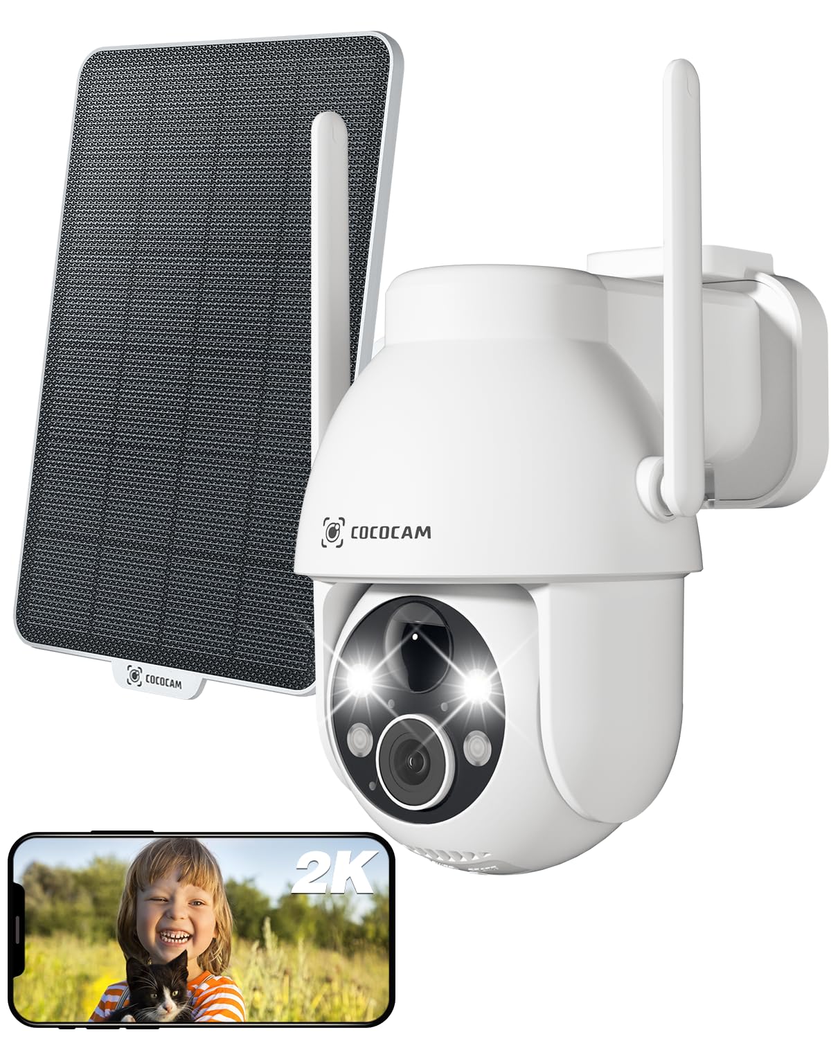 COCOCAM 2K Camera Surveillance WiFi Exterieure sans Fil | AI Détection Humaine, Vision Nocturne Couleur, Audio Bidirectionnel, 2.4GHz WiFi, Cloud
