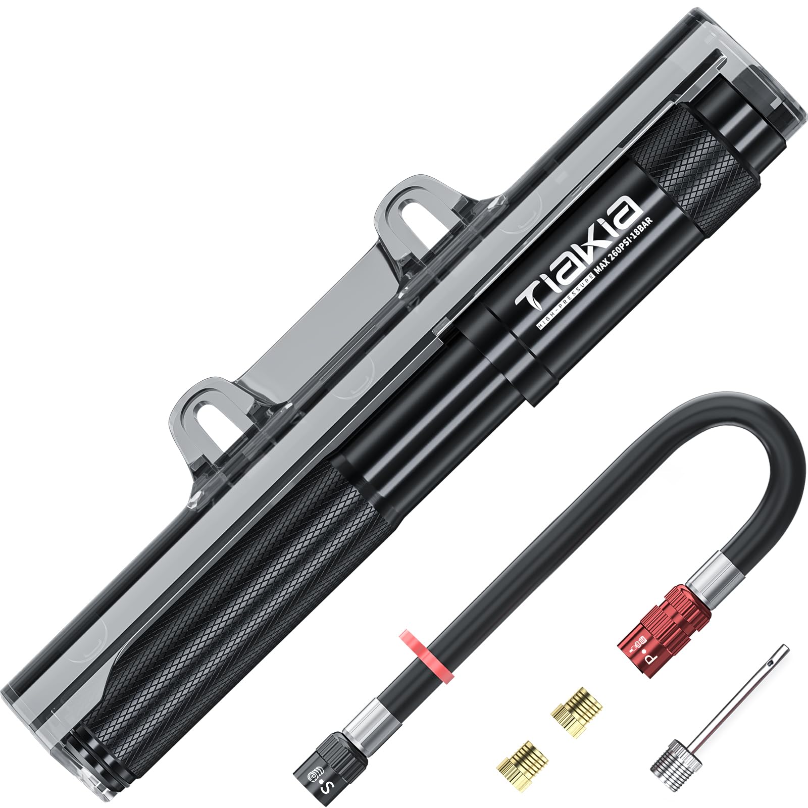 Tiakia Pompe à Vélo gonfleur Velo Mini Portable Manuelle 260 Psi | compatible Schrader/Presta/Dunlop,fixation possible sur cadre vélo,gonflage rapide efficace,adapte vtt route BMX Pneu
