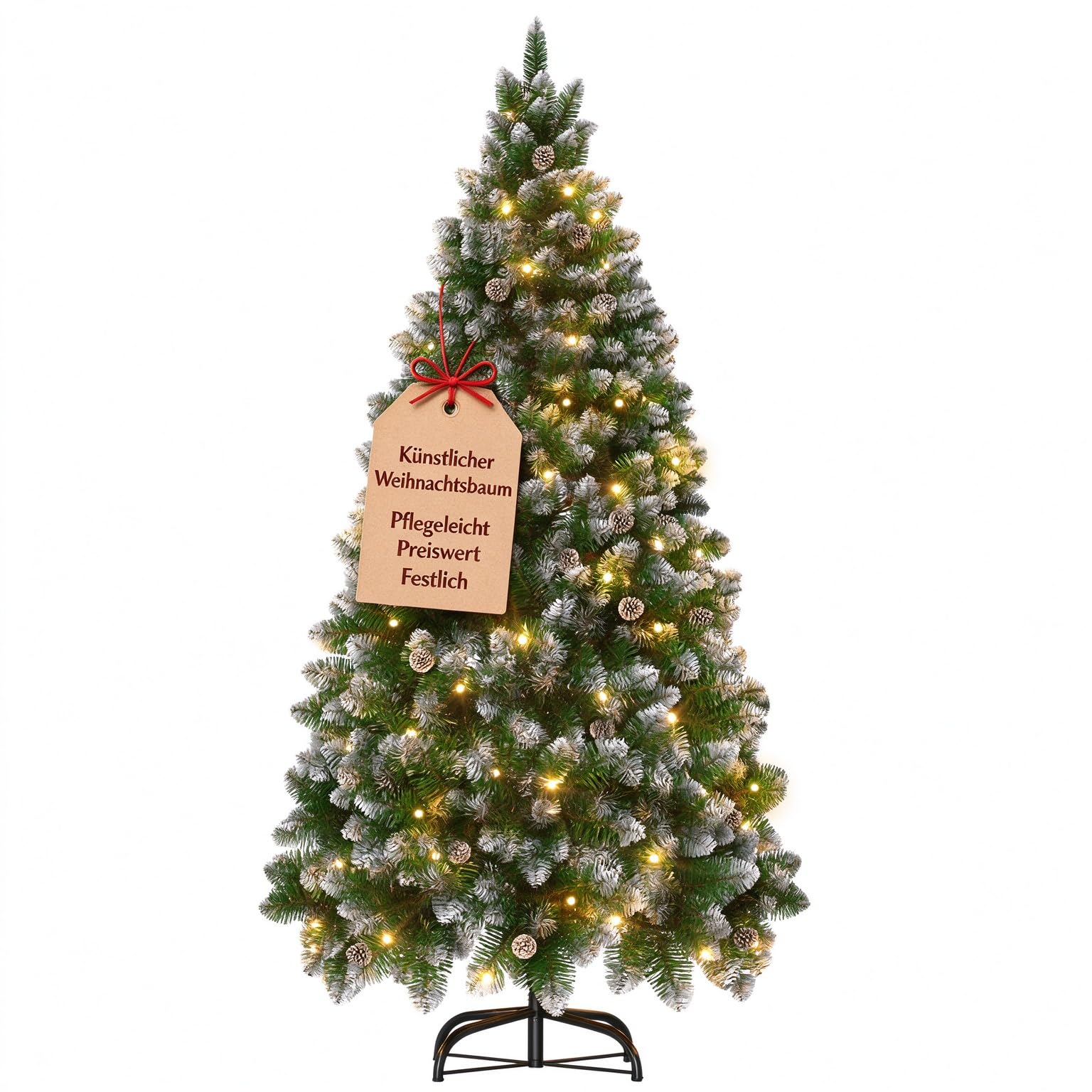 Aufun Sapin de Noël Artificiel avec éclairage Neige et Pommes de pin 180cm | Montage rapide, ignifuge, avec support de sapin(Effet neige + pommes de pin + LED)