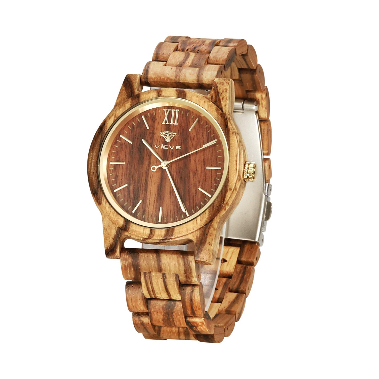 VICVS Montres en Bois pour Hommes et Femmes, Noyer Naturel/Bois d'olivier chronographe à Quartz Japonais, Bracelet réglable, Sports Militaires et Loisirs