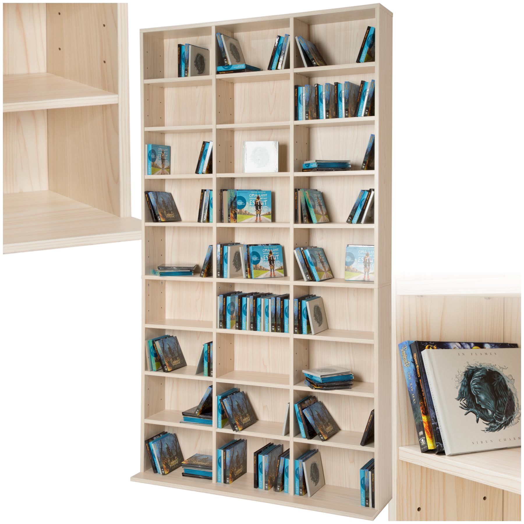 tectake® Étagère bibliothèque, 180 x 102 x 23.5 cm, 27 compartiments | Accueille jusqu'à 1080 CD, 24 étagères réglables & amovibles, Montage facile, Paroi arrière stable, Aspect Bois, Marron Hêtre