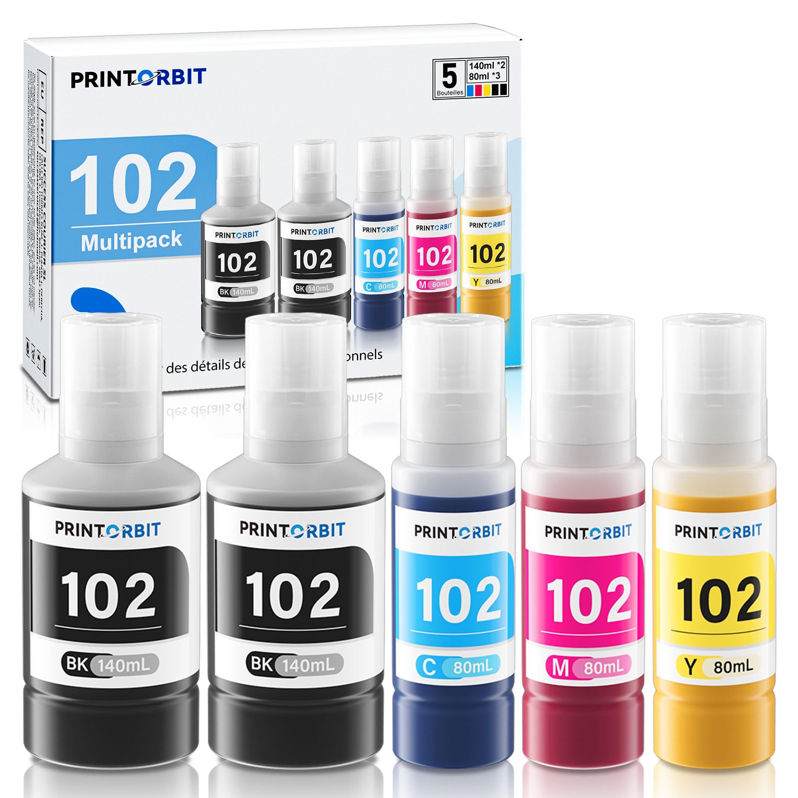 PRINTORBIT 102 Encre Compatible pour ET-2850 ET-3850 ET-4850 ET-2750 ET-3750 ET-4750 ET-15000 ET-2851 ET-4856 ET-2856 ET-2751,Cartouche Encre 102 Multipack (5 Paquets)