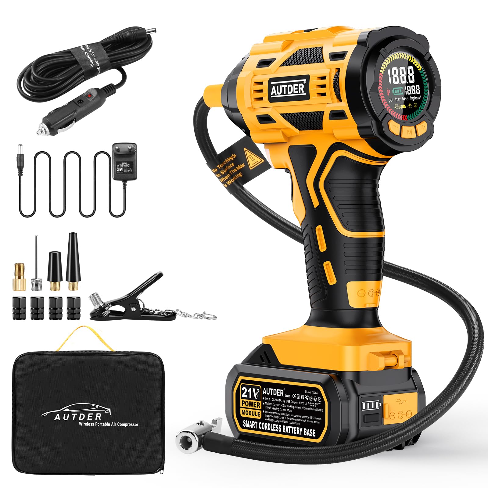AUTDER Gonfleur Pneu Électrique 180 PSI, Jaune | Compresseur à Air Sans Fil, Batterie Amovible 21V, Câble d'Alimentation Voiture 12V, Arrêt Automatique, Écran LCD, Lampe LED