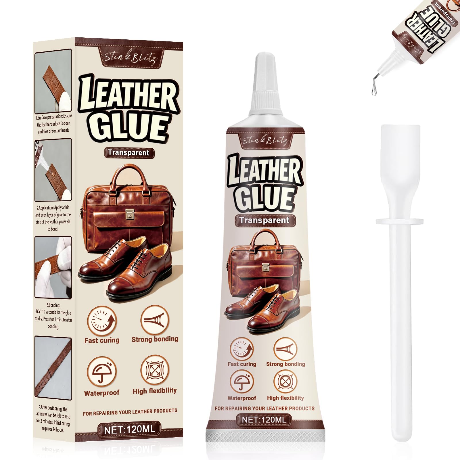 Colle pour Cuir Extra Forte, Colle Cuir Maroquinerie, Souple,120 ml | Transparente, Imperméable, Colle à Cuir Professionnelle pour Réparer Canapés, Sacs à Main, Sièges de Voiture et Chaussures