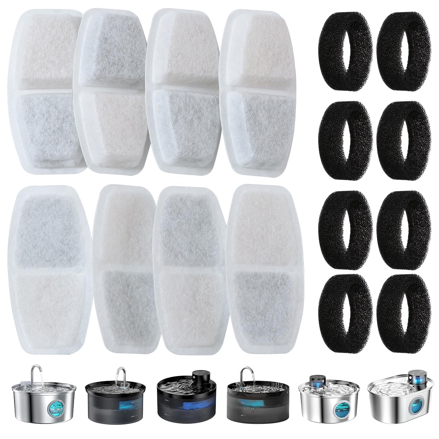 Zemiu Filtre de Fontaine à Eau 16 Pièces, 8 Filtre Fontaine pour Chat + 8 Mousse Filtres pour Fontaine de Chat 3.2L,2.5L (108oz,84oz）avec Charbon Actif & Résine conTriple Filtration