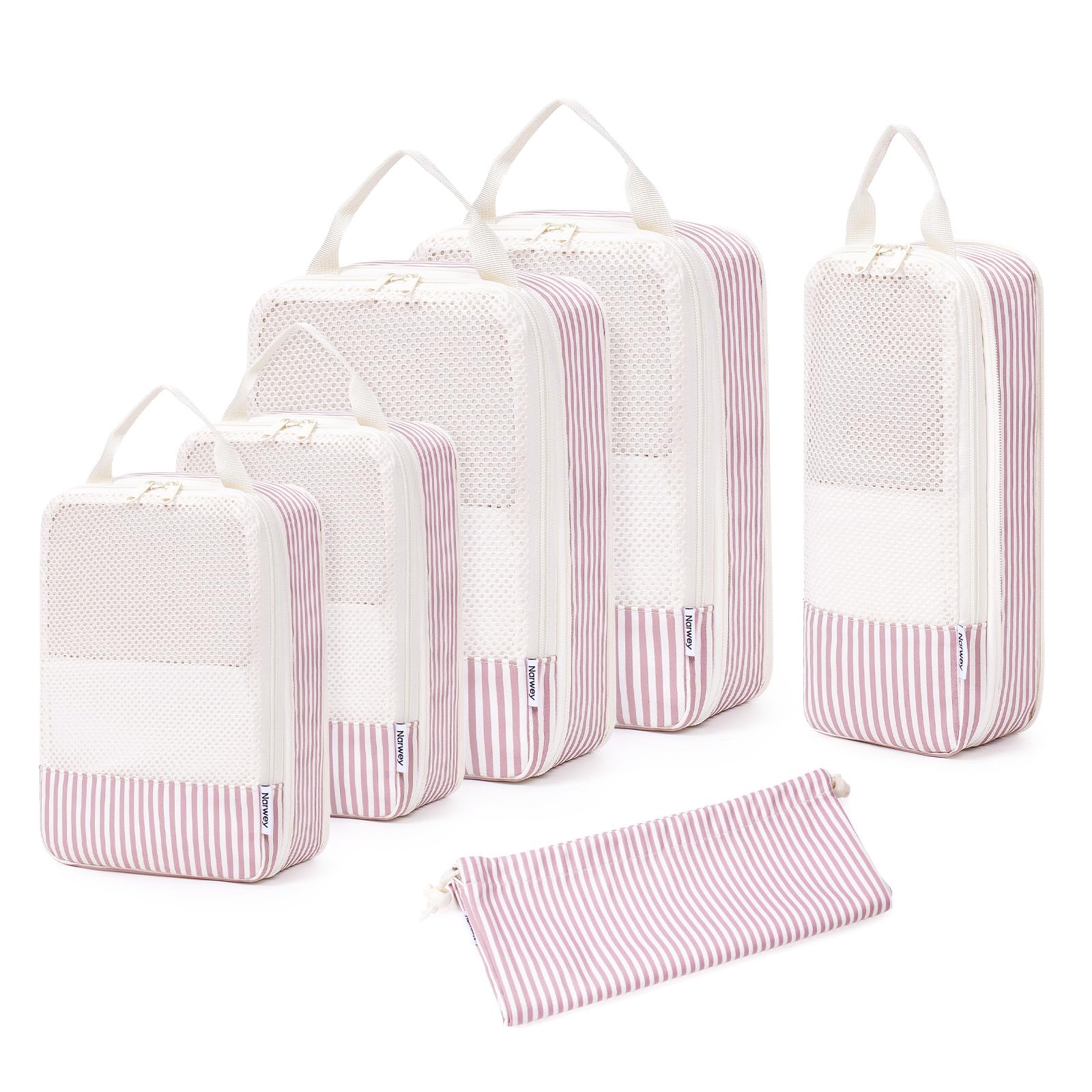Narwey 6 Pièces Organisateur Valise, Sac Compression Voyage, Compression Packing Cubes, Organisateur Valise Compressible, Cube de Rangement, Organiseurs de Bagage (Rayure Rose Poussiéreux)