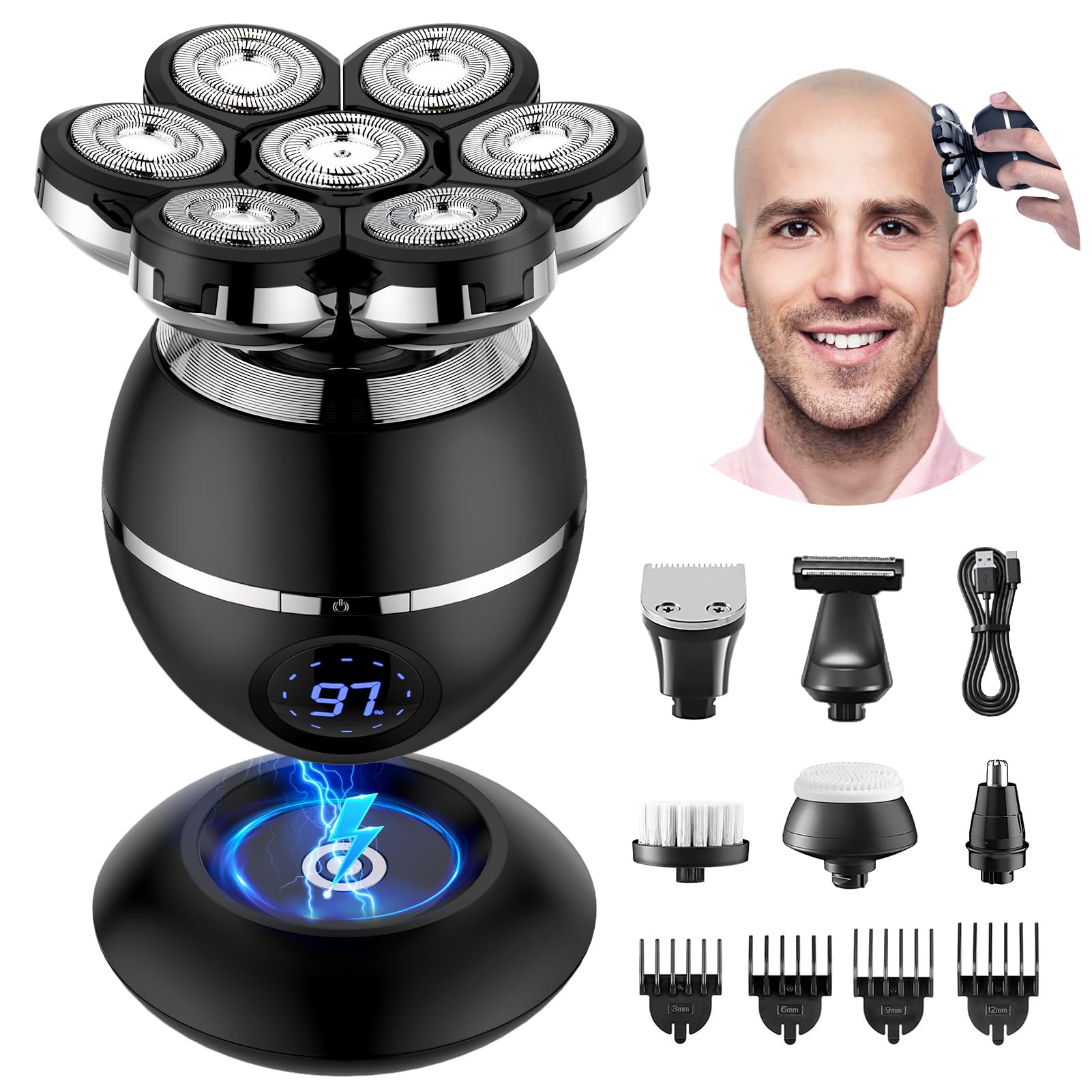 ETENTOUS Rasoir Tete Chauve Homme, 7D Rasoir Électrique Homme | 6 en 1 Tondeuse Crane Chauve,Rasoir Tete Chauve Homme,Rasage Humide/Sec Étanch IPX7, Écran LED pour Hommes Chauves