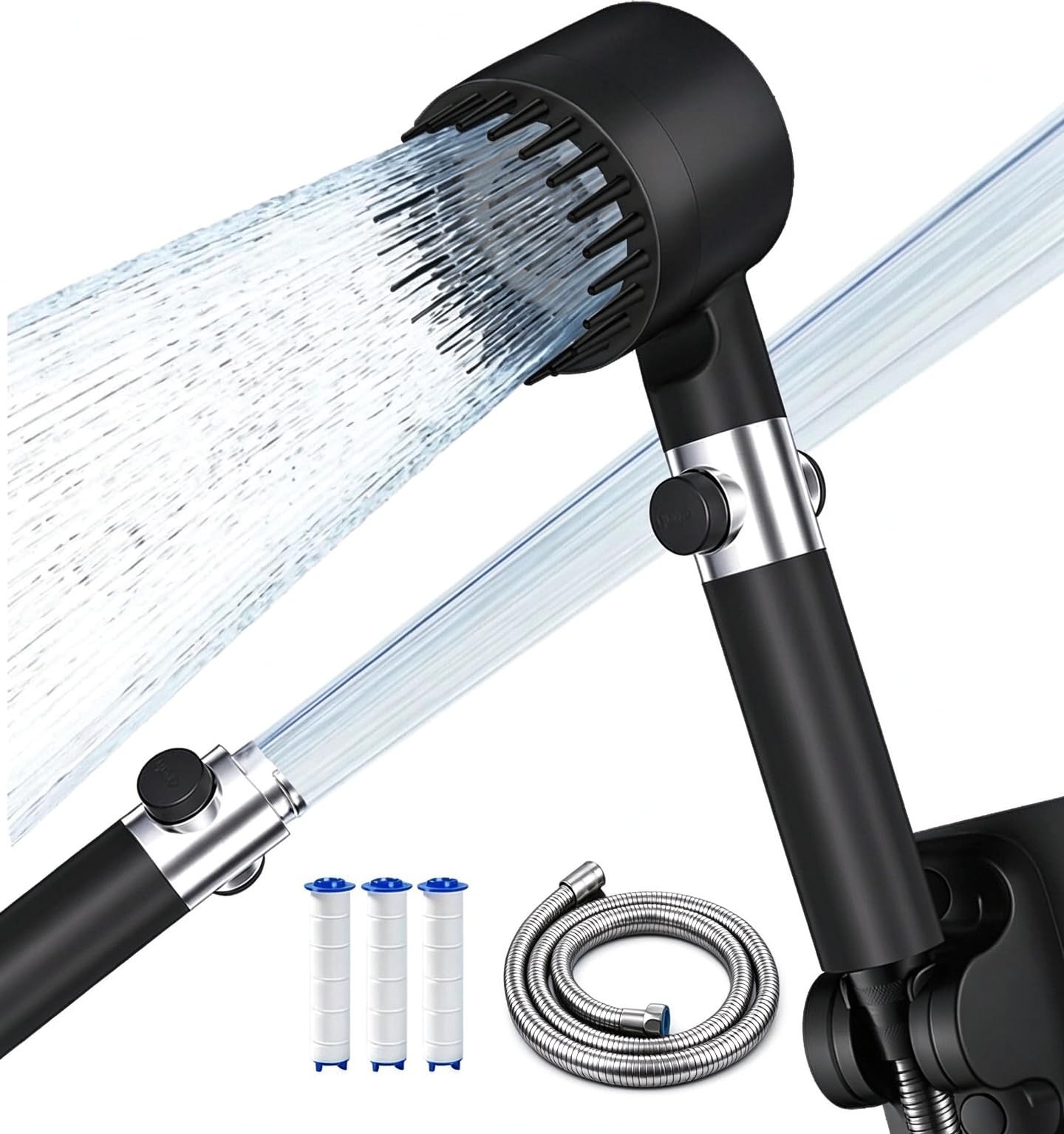 Pommeau douche Haute Pression Douchette Salle de Bain 4 Modes - Pommeau de Douche anti Calcaire -Élimination du Chlore Économie d’eau - Flexible 1.5M anti-Explosion et 5 FiltresPP Inclus,Noir