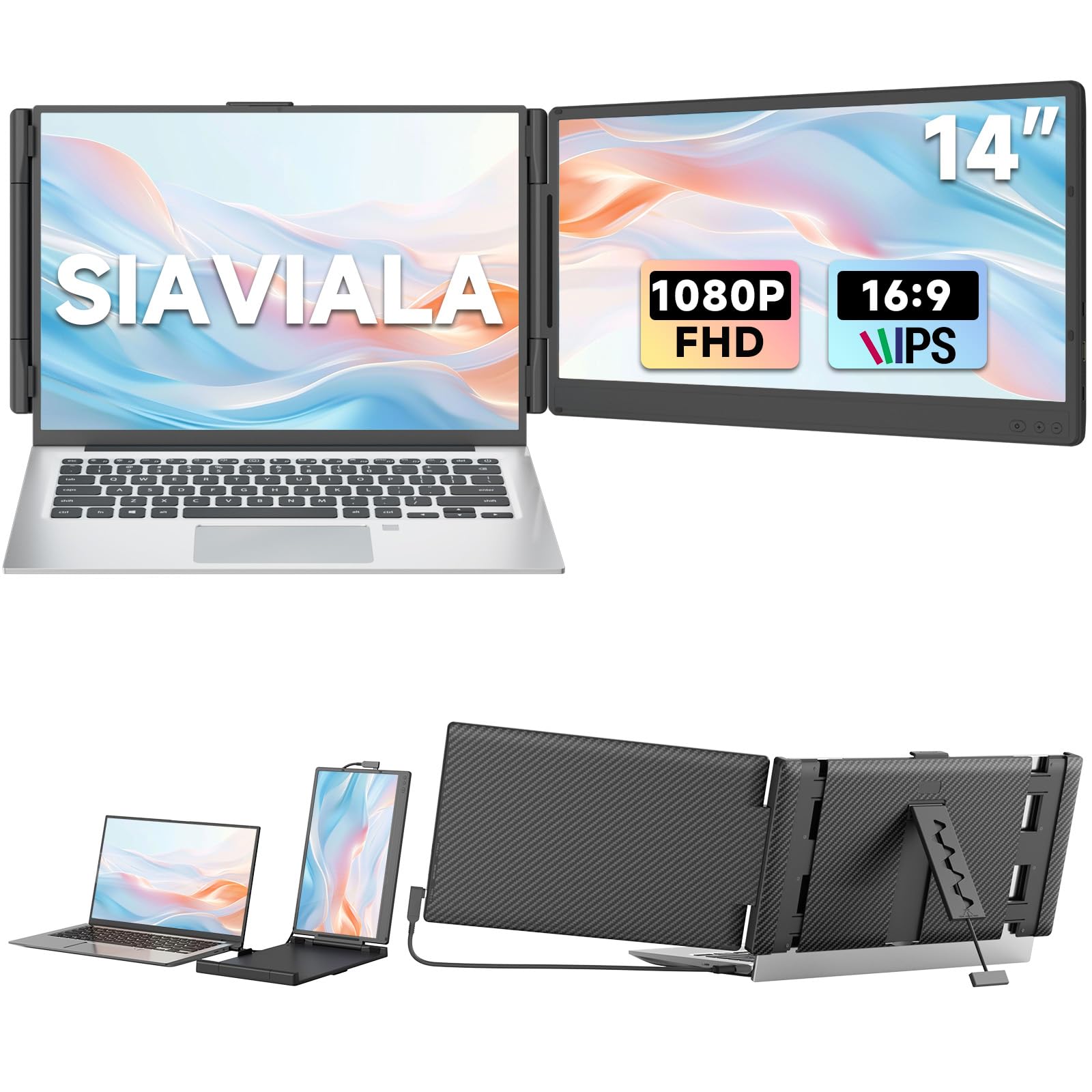 siaviala Extension Ecran PC Portable, Double Extension d'écran IPS FHD 1080P 14", Moniteur Portable pour Ordinateurs Portables 13-17,3", Double écran Plug & Play pour Windows/Mac avec Port USB C/HDMI