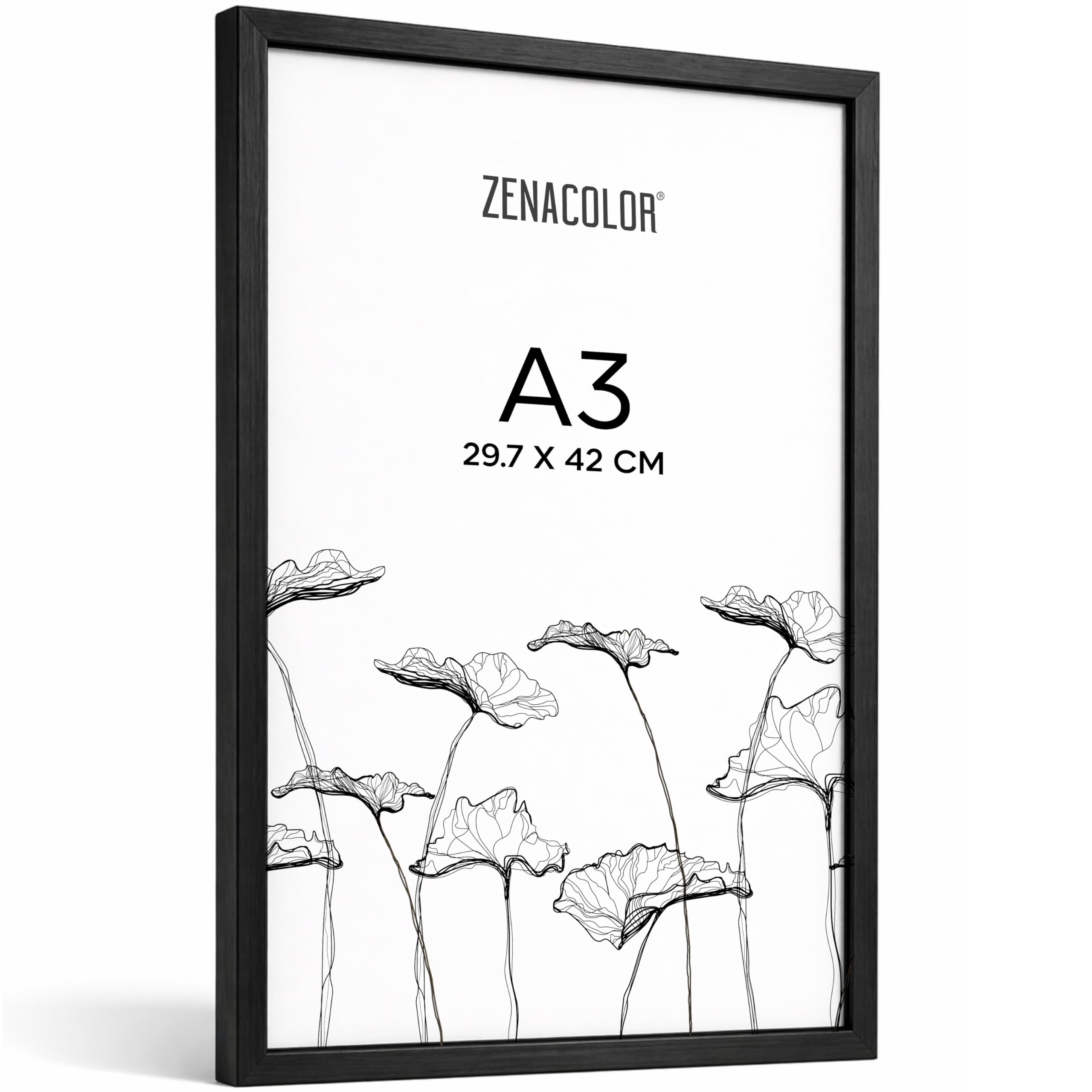 Zenacolor Cadre Photo A3 Bois Noir - Film protecteur anti-rayures, fixation murale ou à poser - Cadre A3 Certificats, Diplômes, Décoration Dessin