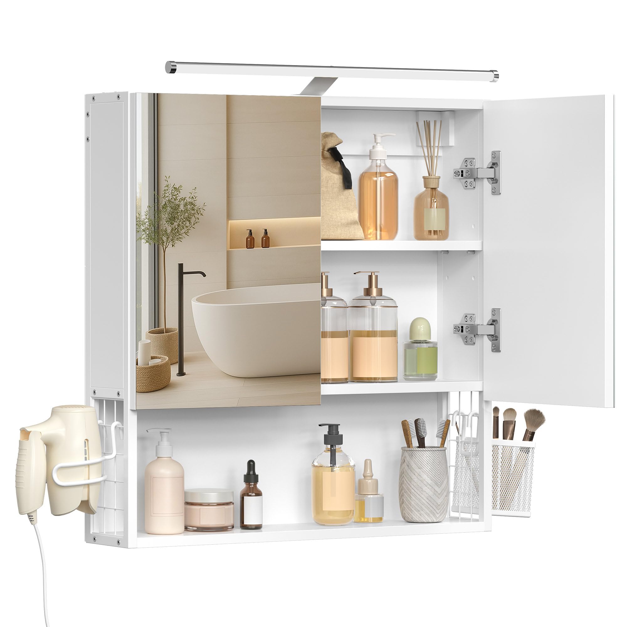 VASAGLE Meuble de Salle de Bain avec éclairage LED, 13 x 56 x 58 cm | pour Lavabo, Multiprise, Panier Suspendu, Support pour Sèche-cheveux, Blanc Nuage, Collection DACEY BBK224WB01
