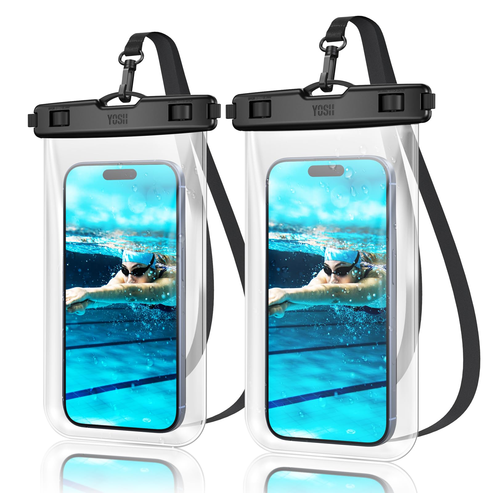 YOSH Pochette Étanche Smartphone [Sans Bordure][Lot de 2], Jusqu'à 7,2" | Certifié IPX8, Écran Tactile, Fenêtre HD, Photos Sous-Marines, Cordon Inclus, Large Compatibilité, Idéal pour Plage & Piscine
