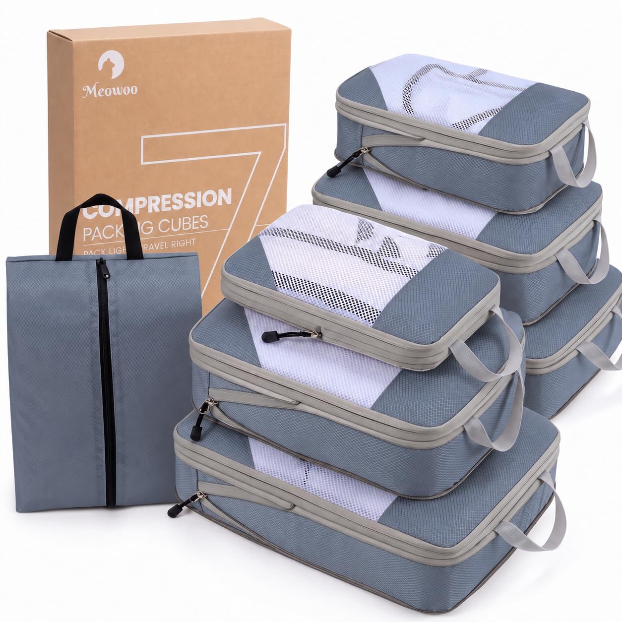 Meowoo 7 Pièces Packing Cubes Compression, Organisateur Valise & Sac de Compression Voyage, Ultraléger avec Sac à Chaussures, Mesh Ripstop Imperméable, Rangement Valise & Accessoires de Voyage