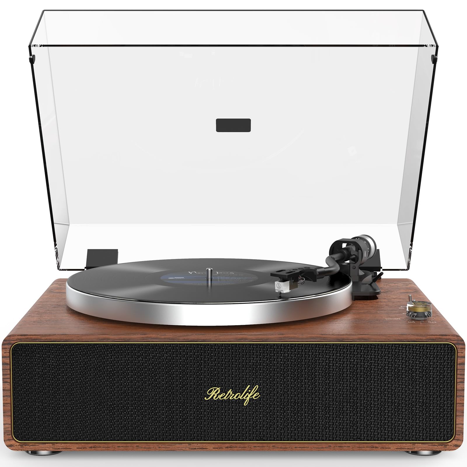 Retrolife Platine Vinyle avec Haut-Parleurs Intégrés Bluetooth, Jaune-Brun | Tourne Disque Vinyle à Courroie Tout-en-Un, Cartouche AT-3600L, Arrêt Automatique, 33/45 Tours, Sortie RCA, Entrée AUX