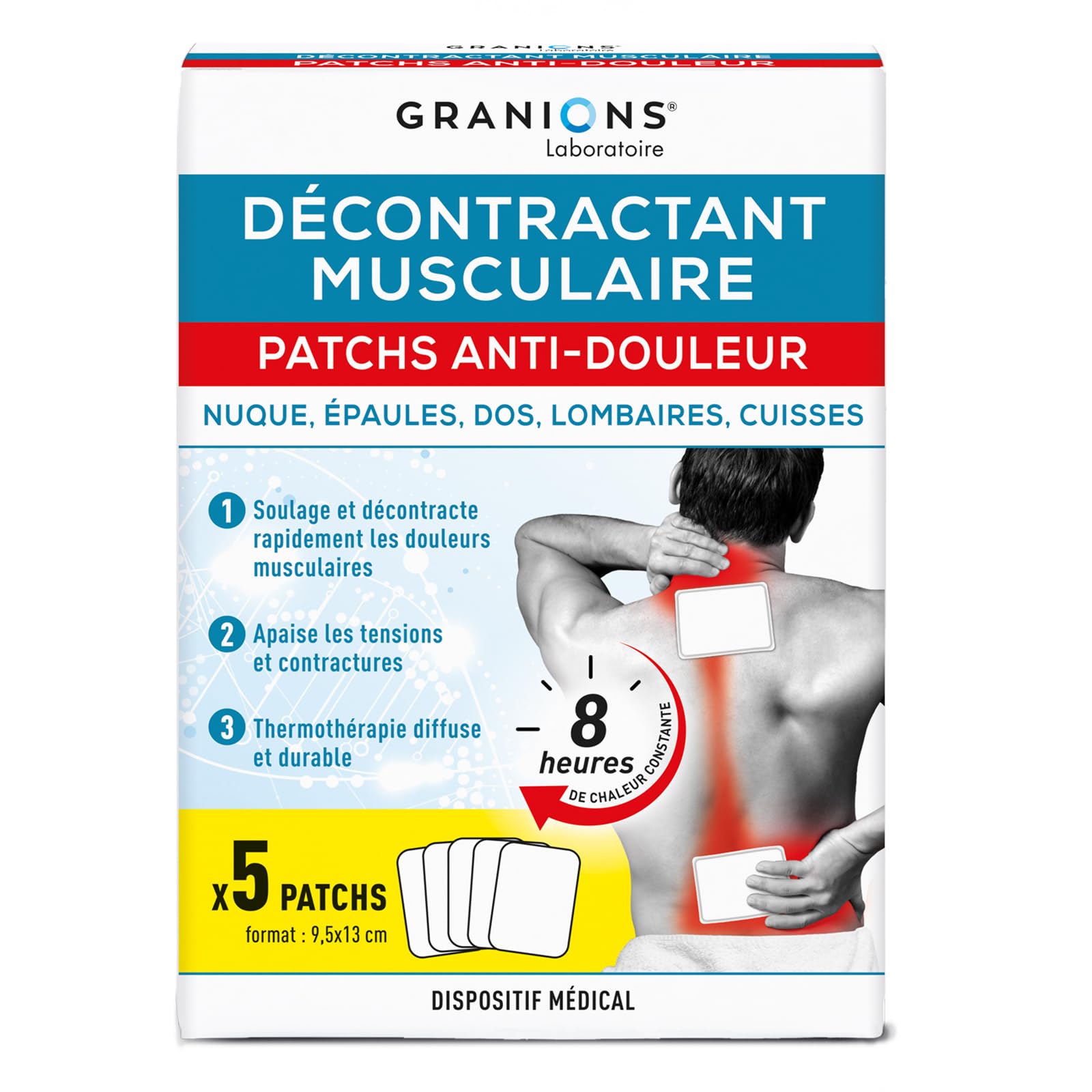 Granions - Decontractant Musculaire - Patch Anti Douleur - 5 Patchs | Effet Chauffant 8 Heures, Soulage Nuque, Epaules, Dos, Lombaires Et Cuisses, Action Rapide, Dispositif Medical
