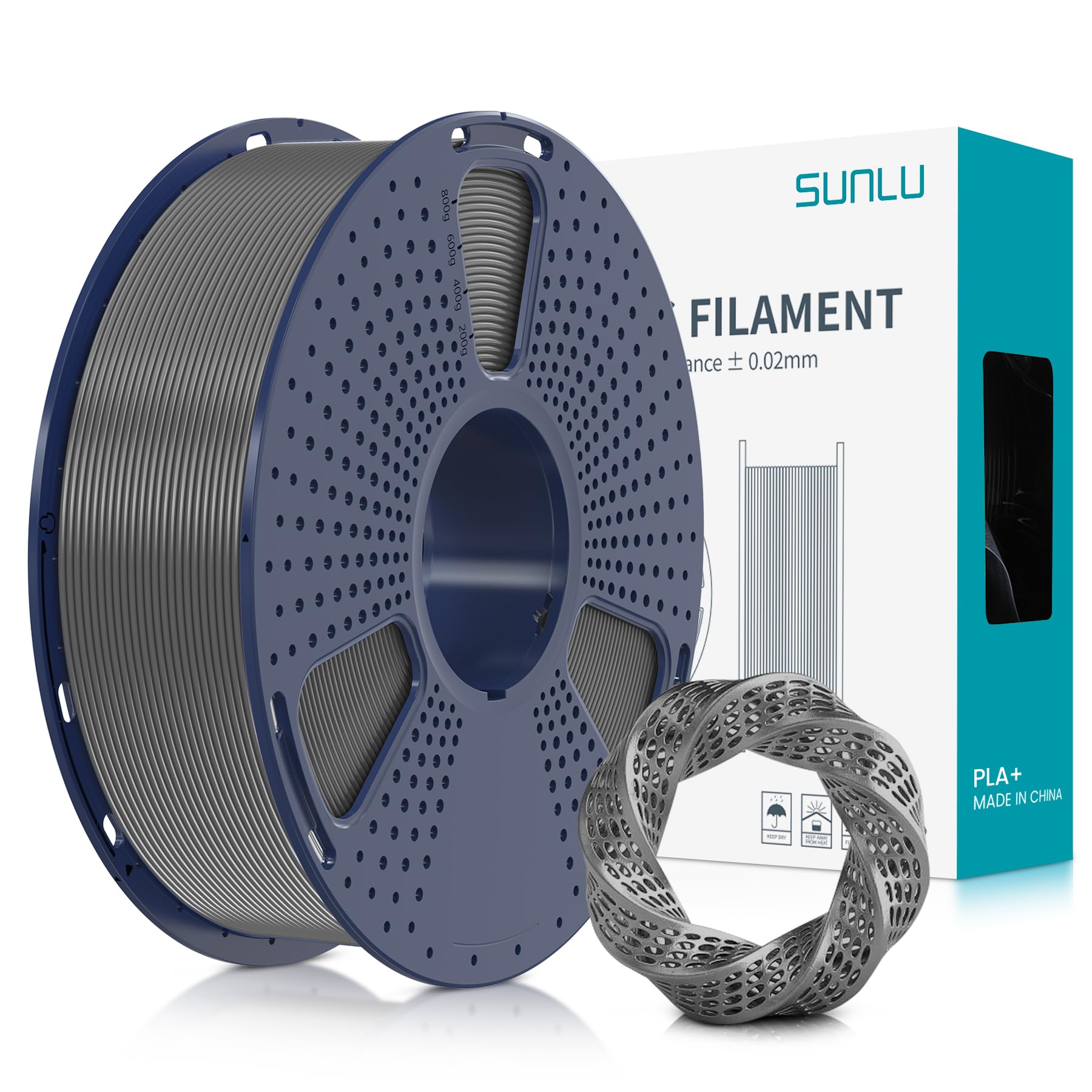 SUNLU Filament PLA+ 1,75 mm, filament PLA Plus pour imprimante 3D, plus résistant, Neatly Wound, 1 kg de filament PLA+ pour impression 3D, précision dimensionnelle +/- 0,02 mm, gris