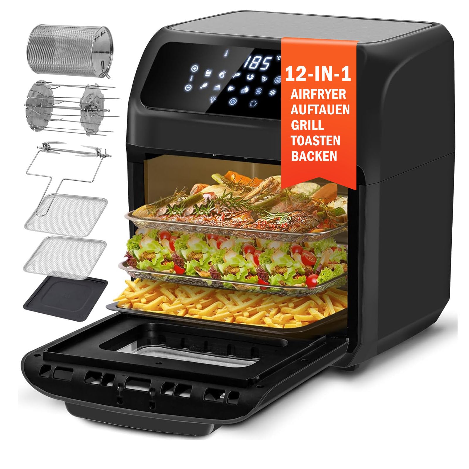 ‌LLIVEKIT Friteuse à Air Chaud 12L – 12 Fonctions, 7 Accessoires Inclus | Four à Air Chaud 1800 W – Mini Four avec Écran LED Numérique, Déshydrateur, Grill, Livret de Recettes Inclus
