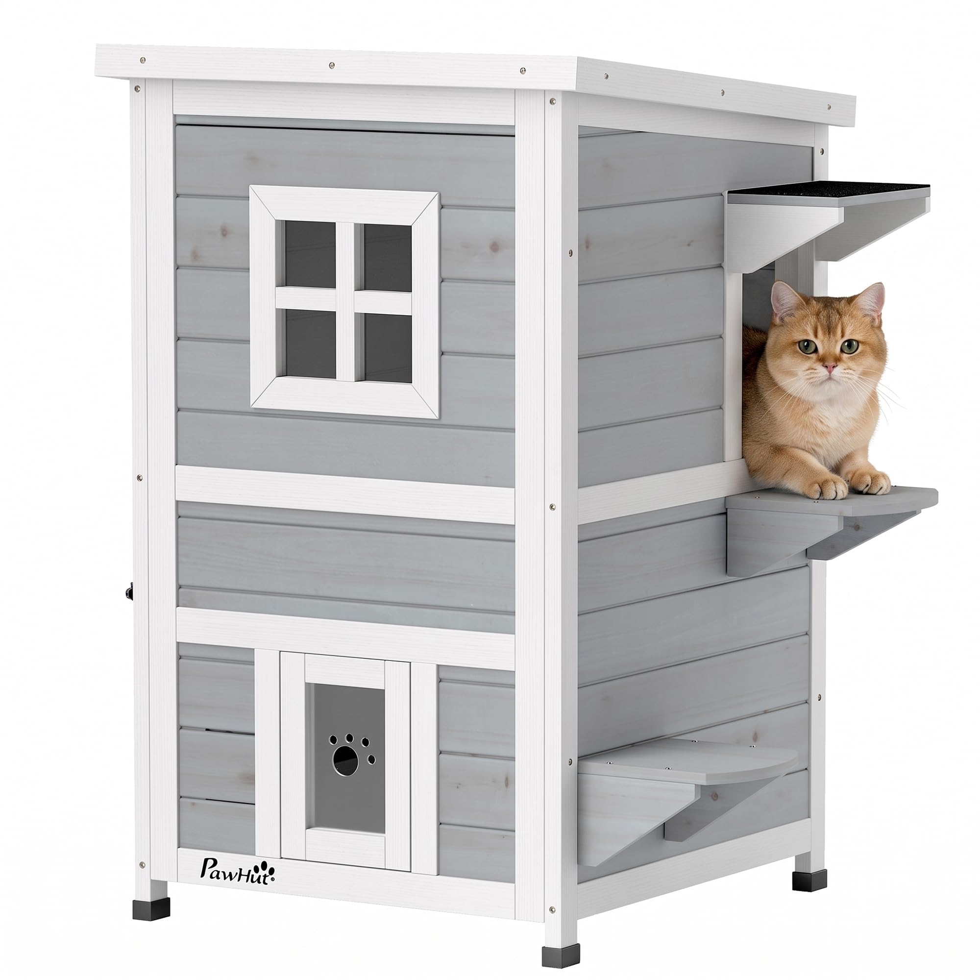 PawHut Maisonnette pour chats sur 2 étages en bois toit rabattable | 4 pieds, intérieur et extérieur, 51 x 51 x 81,3 cm, blanc et gris
