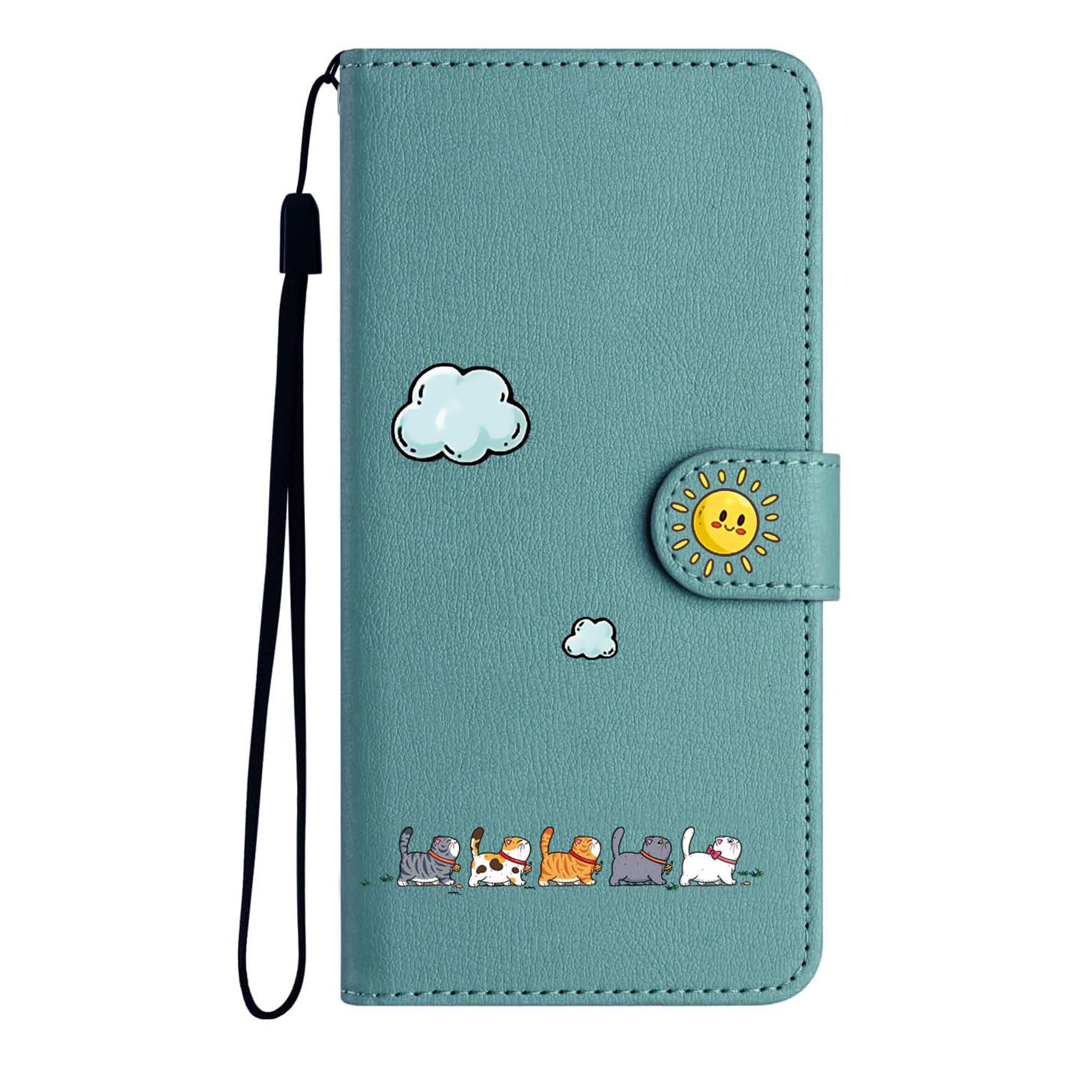 FALUWONRU Coque pour iPhone 13,Housse Chat Porte,Vert | iPhone 13 Tasche mit Kartenfach Stand,stoßfestes Leder,ideal für Alltag,süßes Katzen Muster für Damen.