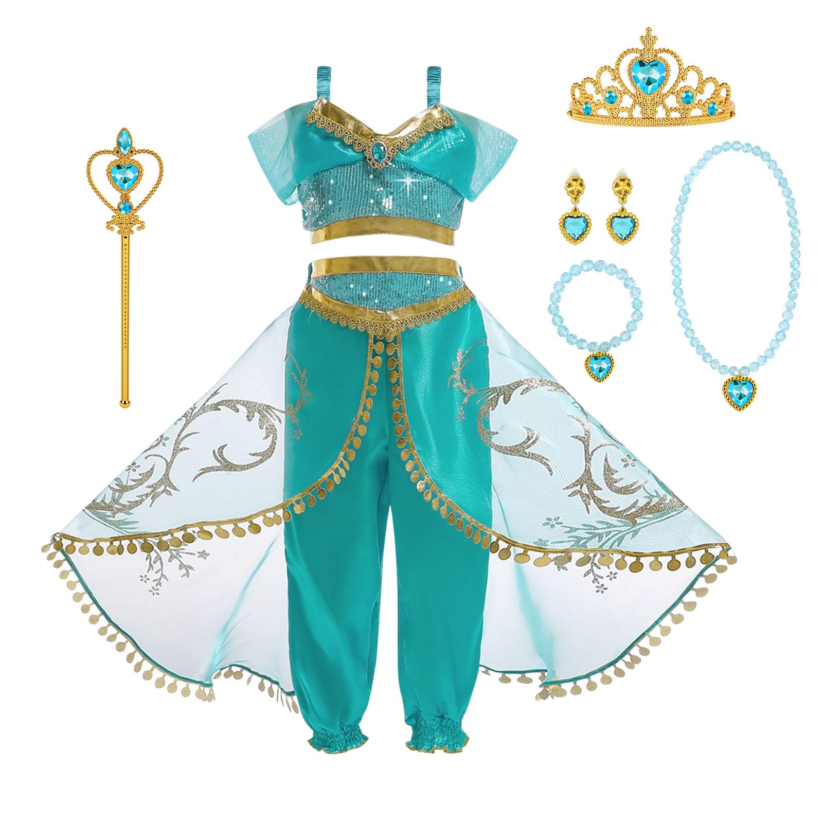 ACWOO Deguisement de Princesse Jasmine pour Enfants Filles, Costume de Princesse Jasmine avec Accessoires de Bandeaux et Colliers, Aladdin Costume pour Filles Noël Halloween Anniversaire Fête Cosplay