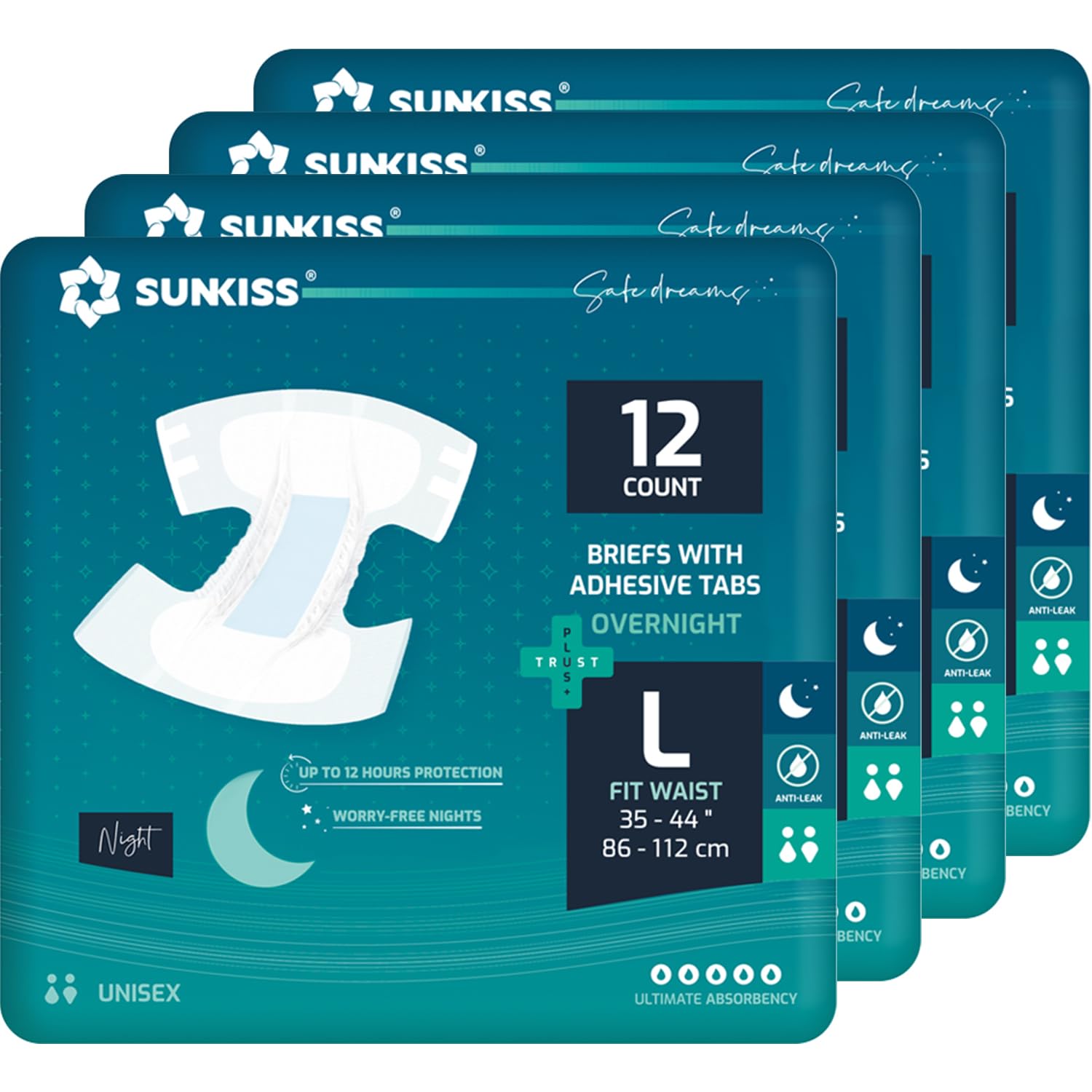 SUNKISS TrustPlus Couche Adulte Nuit Unisexe XL, 48 Unités | Protection de nuit, Haute absorption, Noyau FSC, Anti-fuites, Contrôle des odeurs