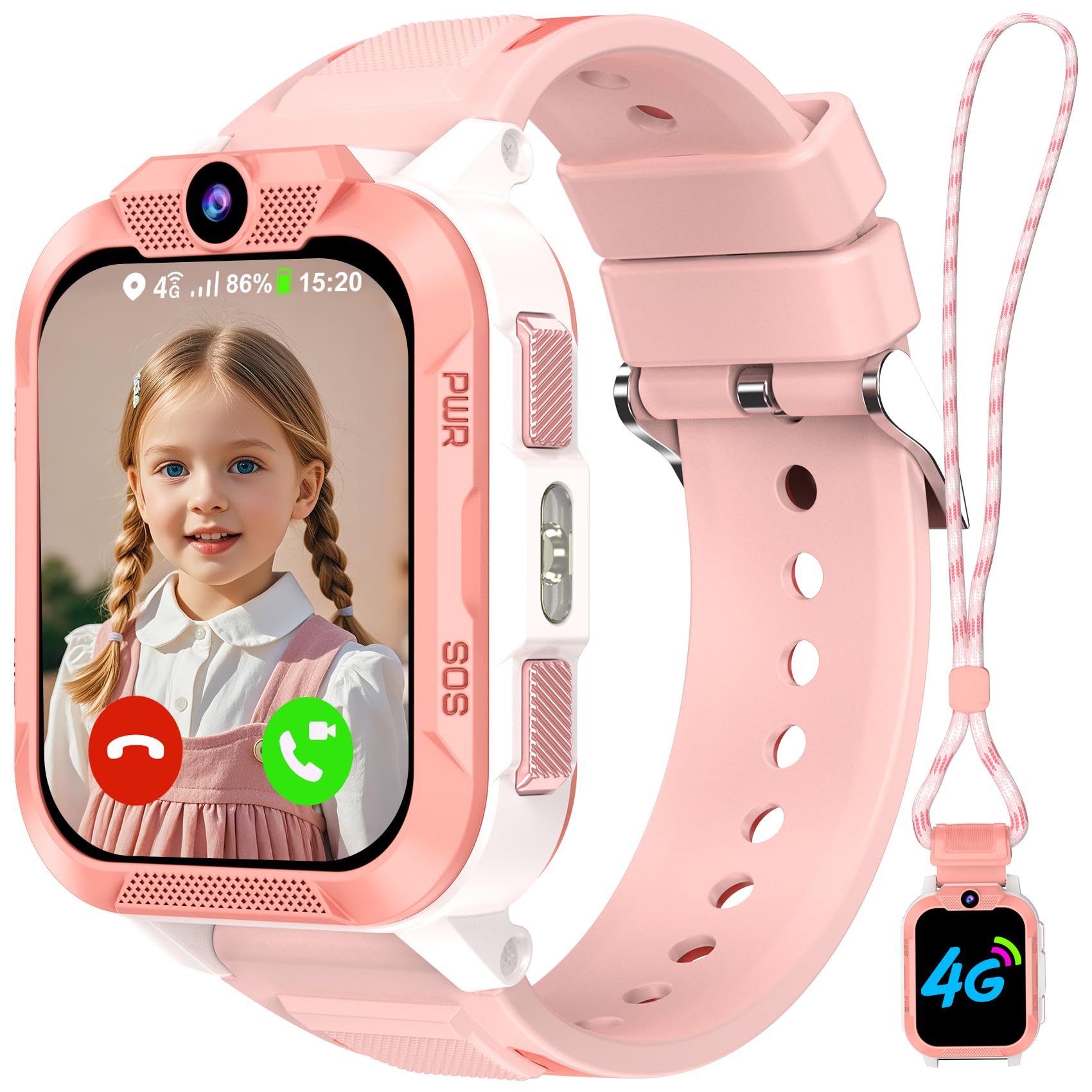 4G Montre Connectée Enfant avec Carte SIM, GPS & SOS, Mode École, Appel Vidéo, Téléphone, Chat Vocal, Lampe Torche, Podomètre, Réveil, 2 Modes de Port, IP68, Montre Enfant pour Cadeau Filles 4-12 Ans
