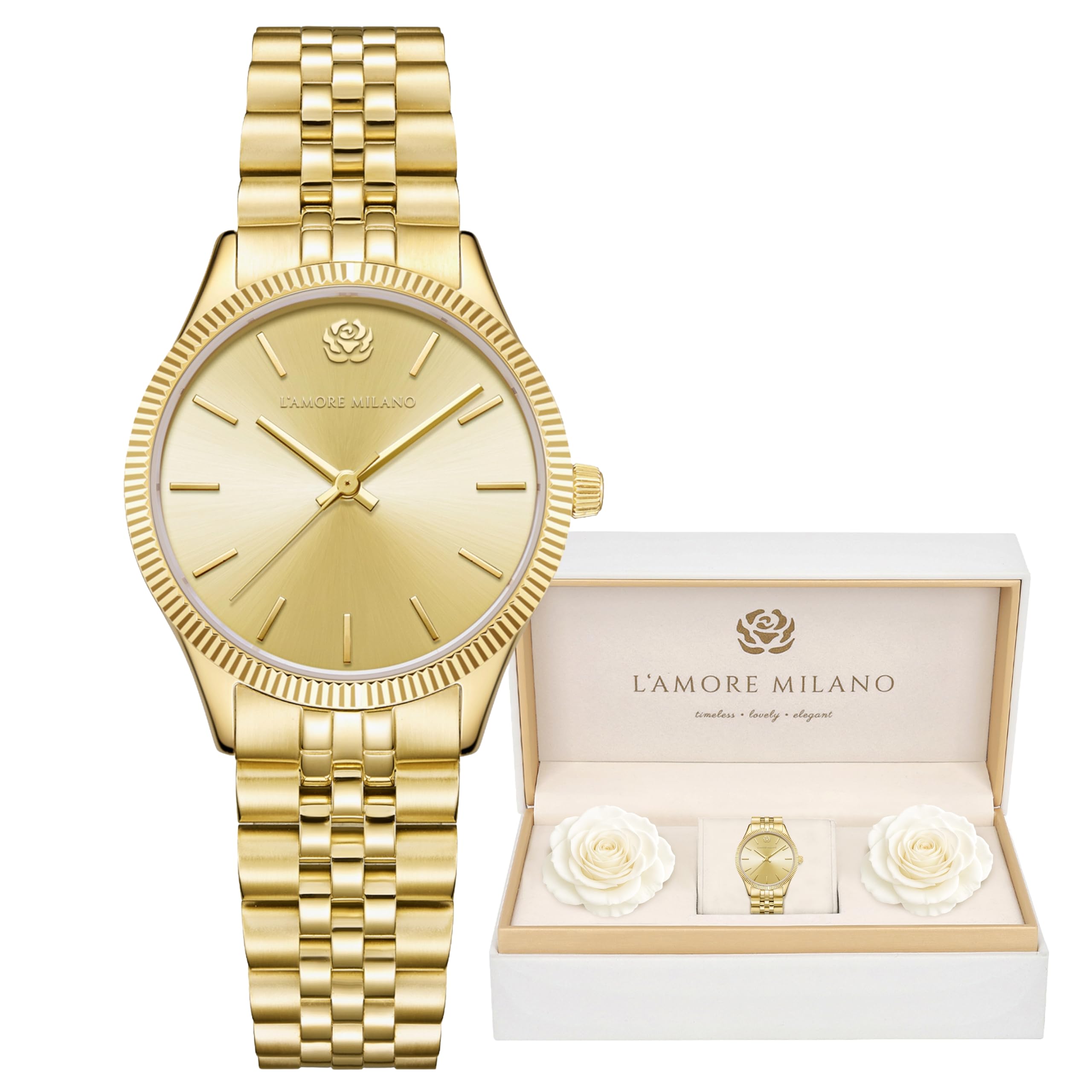 L'AMORE MILANO Montre Femme - Coffret Cadeau avec des Roses - Montre-Bracelet de Haute qualité étanche 5 ATM - Idee Cadeau élégant pour Femme, Amie, mère - Montre 32mm Acier Inoxydable