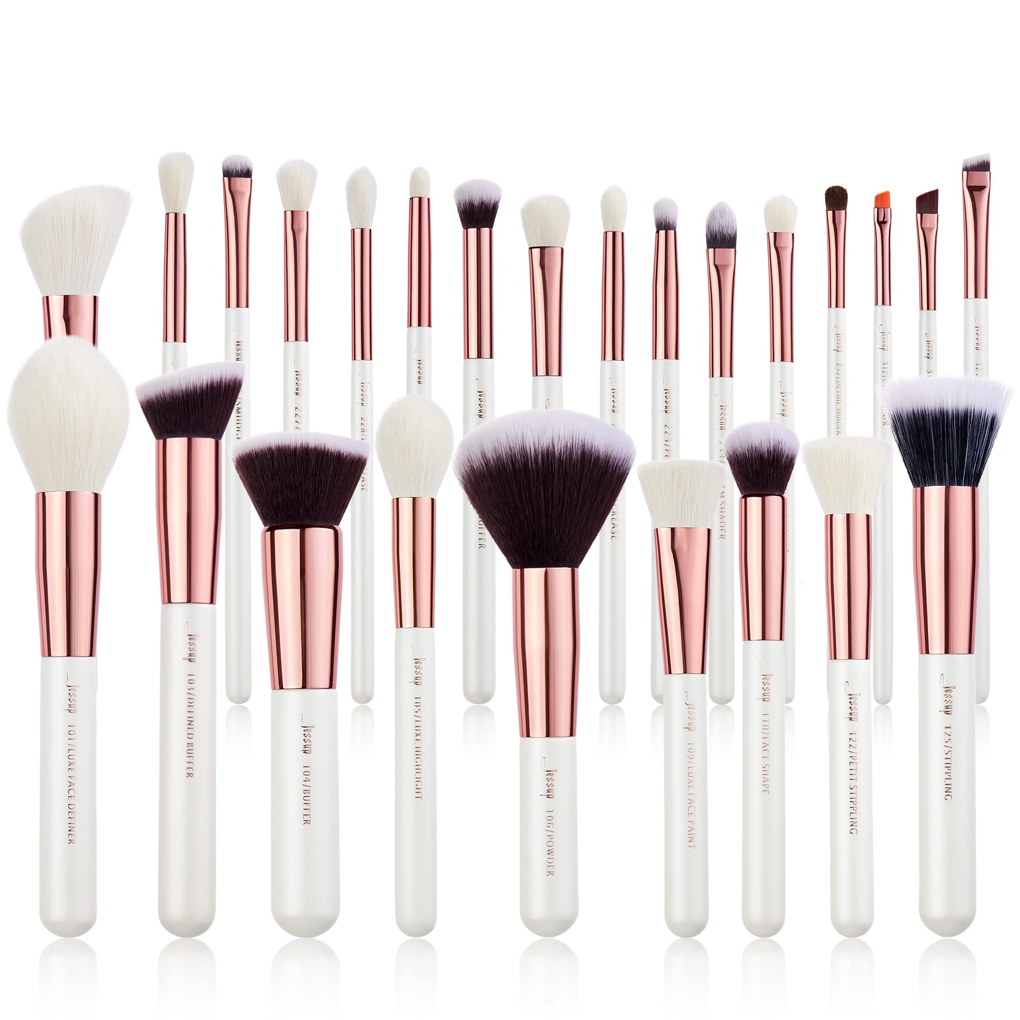 Jessup 25 Pinceaux Maquillage Professionnel Poils Naturels Visage Yeux T215 | Pinceaux avec Noms Fond de Teint & Fard à Paupières, Poils Chèvre & Synthétiques, Estompage Lisse & Précis pour Maquilleurs