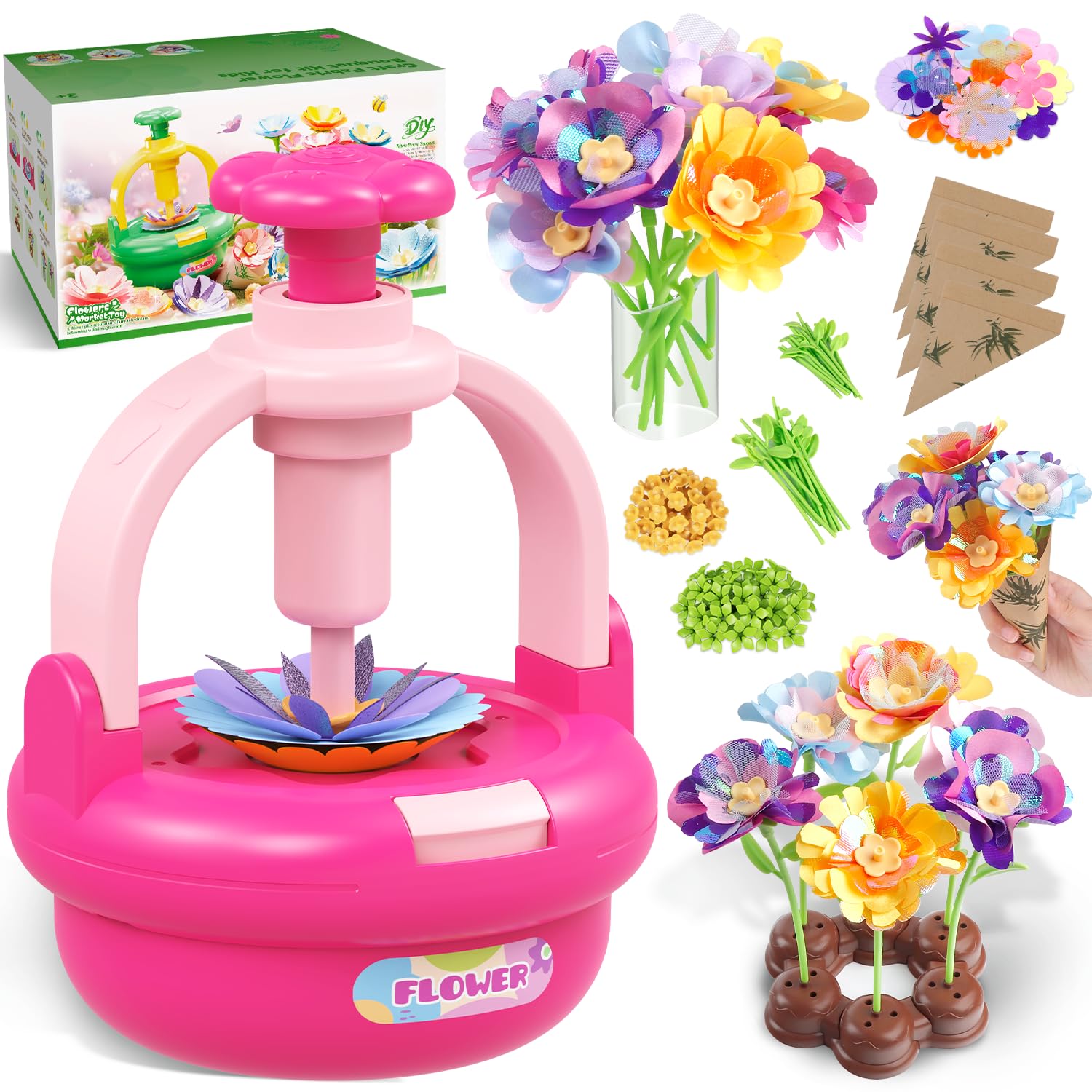 Kit Bouquet de Fleurs en Tissu pour Filles 4-8 Ans - Machine DIY avec Vase | Pétales, tiges, cœurs et papier floral à assembler – activité manuelle réutilisable, cadeau créatif à partager en famille