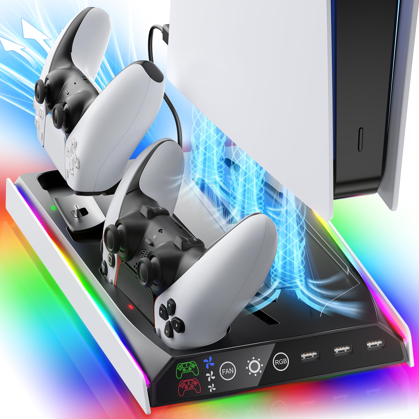 Fenolical Support PS5/Slim/Pro avec Ventilateur de Refroidissement réglable, Support de Chargeur de Refroidissement Vertical PS5 pour PS5/Slim/Pro, Station de Refroidissement Façades, Protections