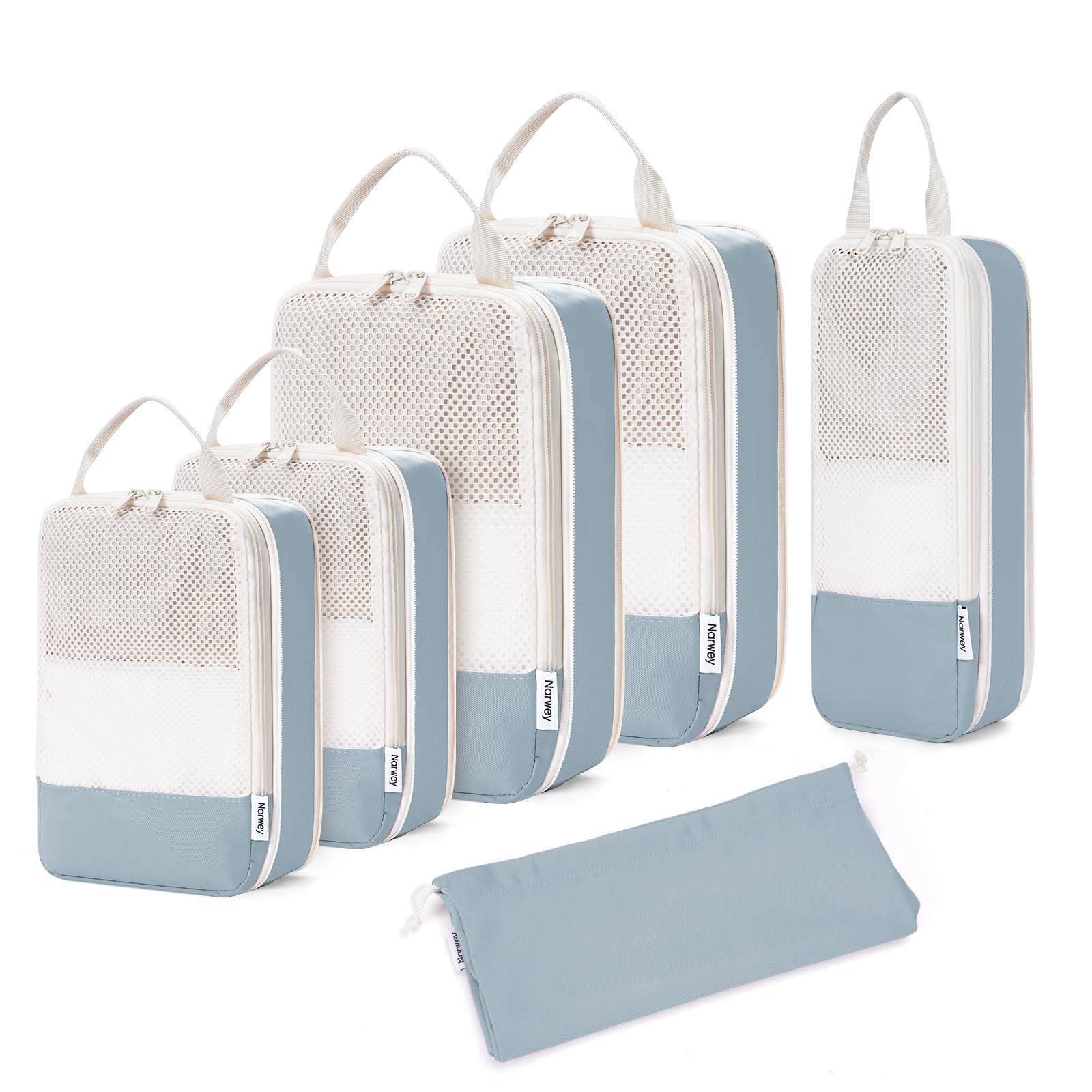Narwey Organisateur Valise, Sac Compression Voyage, Compression Packing Cubes, Organisateur Valise Compressible, Cube de Rangement, Organiseurs de Bagage (Bleu Grisâtre)