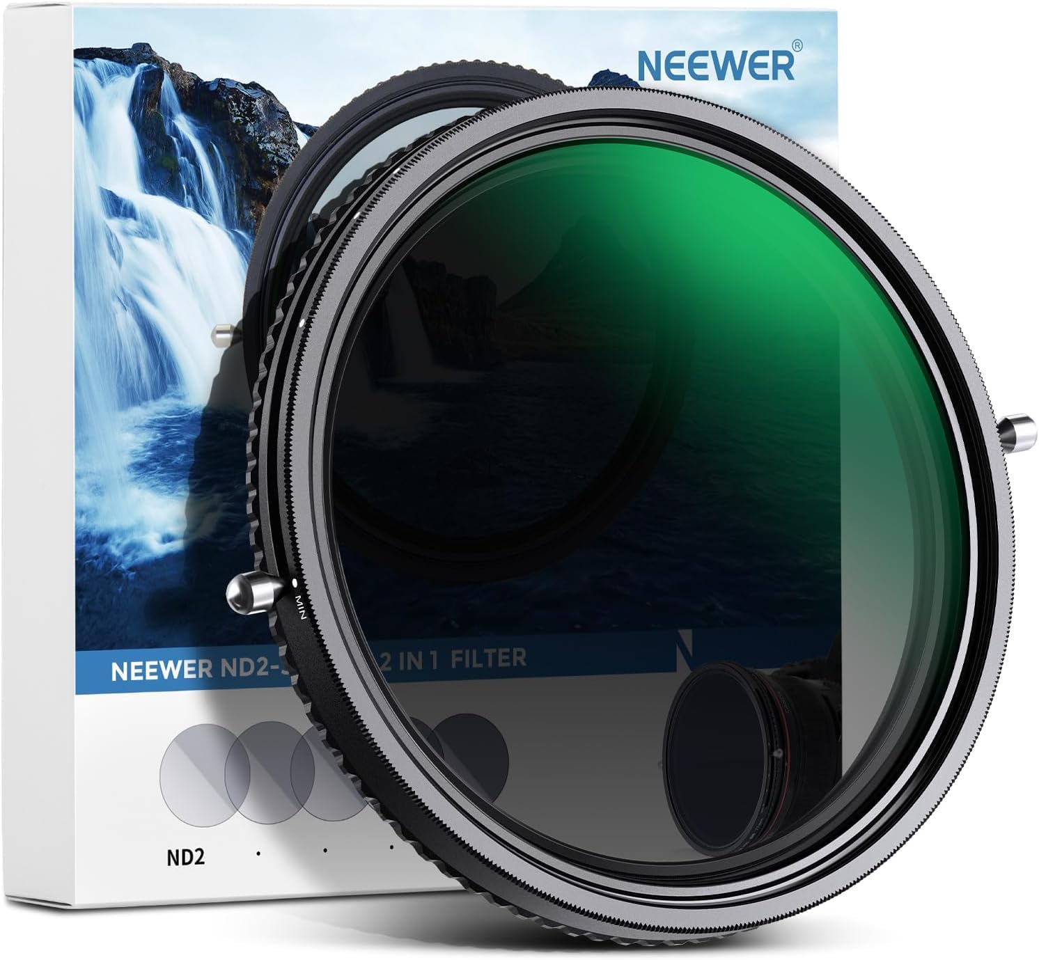 NEEWER 2 en 1 Filtre ND Variable 62mm ND2–ND32+Filtre Polarisant(CPL), sans Croix X/Haute définition/30 Couches Nano rêvetement/Ultra Fin/Hydrofuge/Anti Rayures Réglable Densité Neutre
