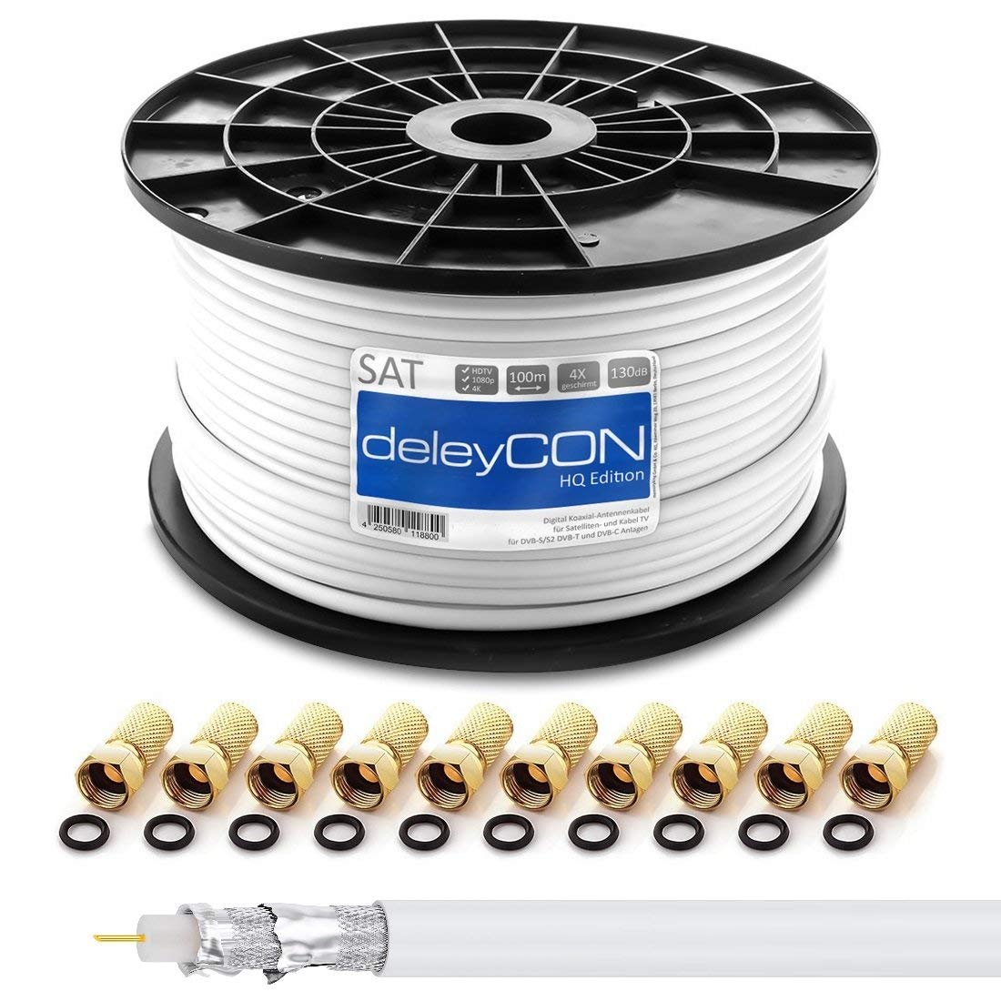 deleyCON 100m Câble Coaxial Satellite SAT 130dB Blindé 4 Couches DVB-S/S2/T/C 4K 1080p FULL HD HDTV + 10 Connecteurs f Plaqués or
