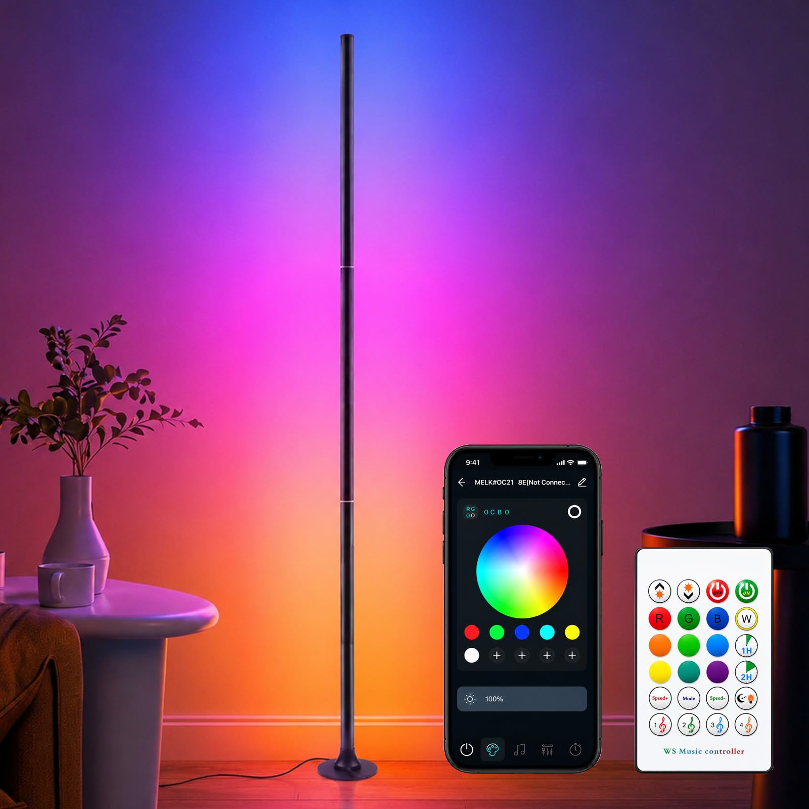 Aourow Lampadaire RGB 120CM, Lampe d'angle à intensité variable avec application intelligente et télécommande