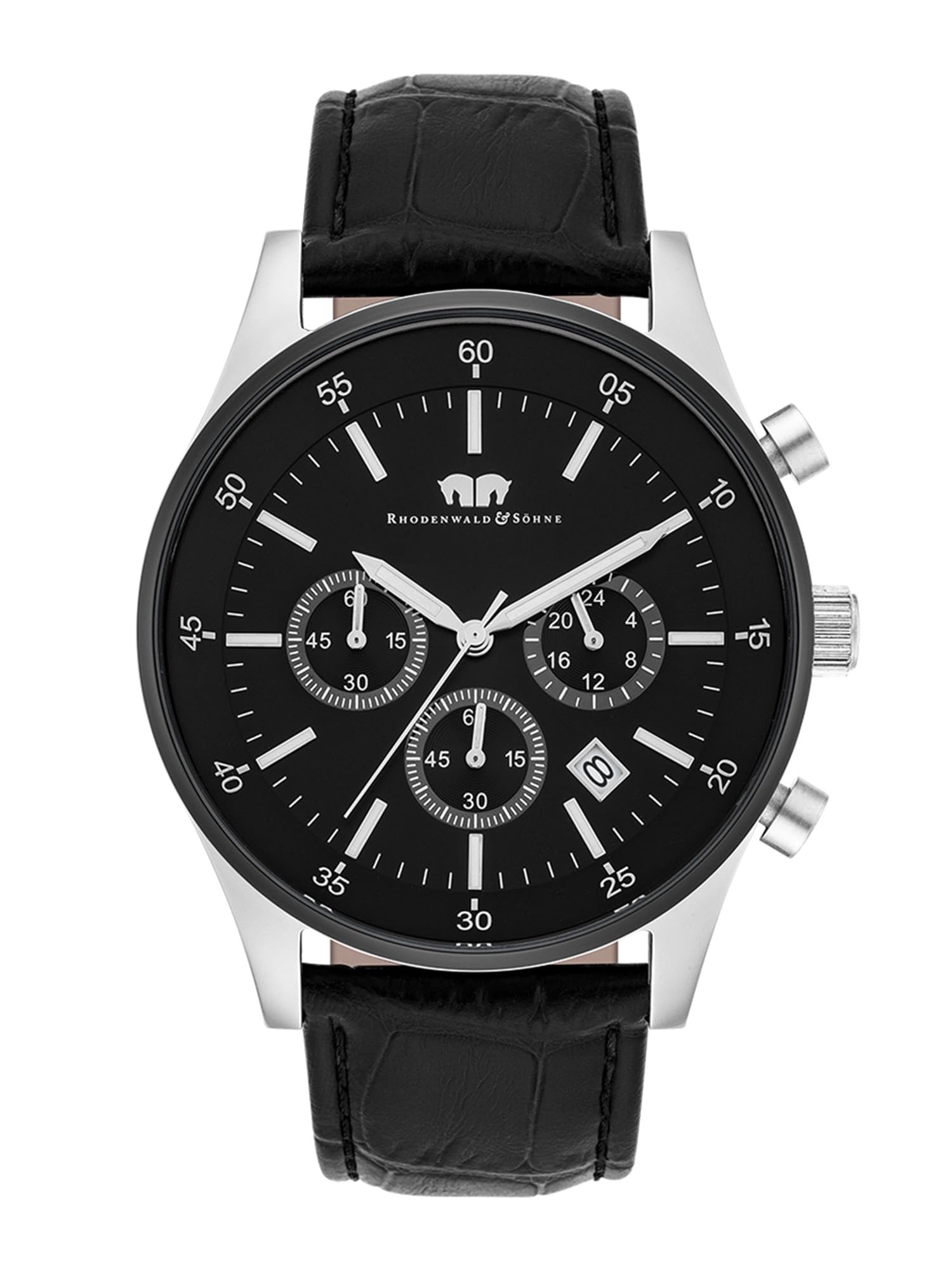 Rhodenwald   Söhne Montre pour homme inox argent/noir quartz 5 ATM | Cuir véritable bracelet, noir, crocodile (gaufrage), chronographe, calendrier noir, verre minéral, montre-bracelet