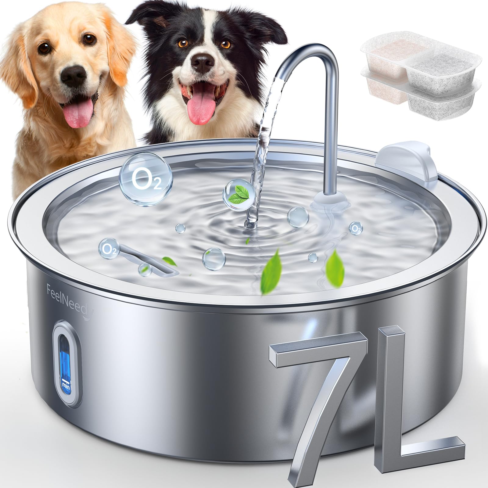 FEELNEEDY 7L Fontaine à Eau Chien en Acier Inoxydable | Fontaine à Eau Chat avec 2 Filtres, Multi-Filtration, Facile à Nettoyer