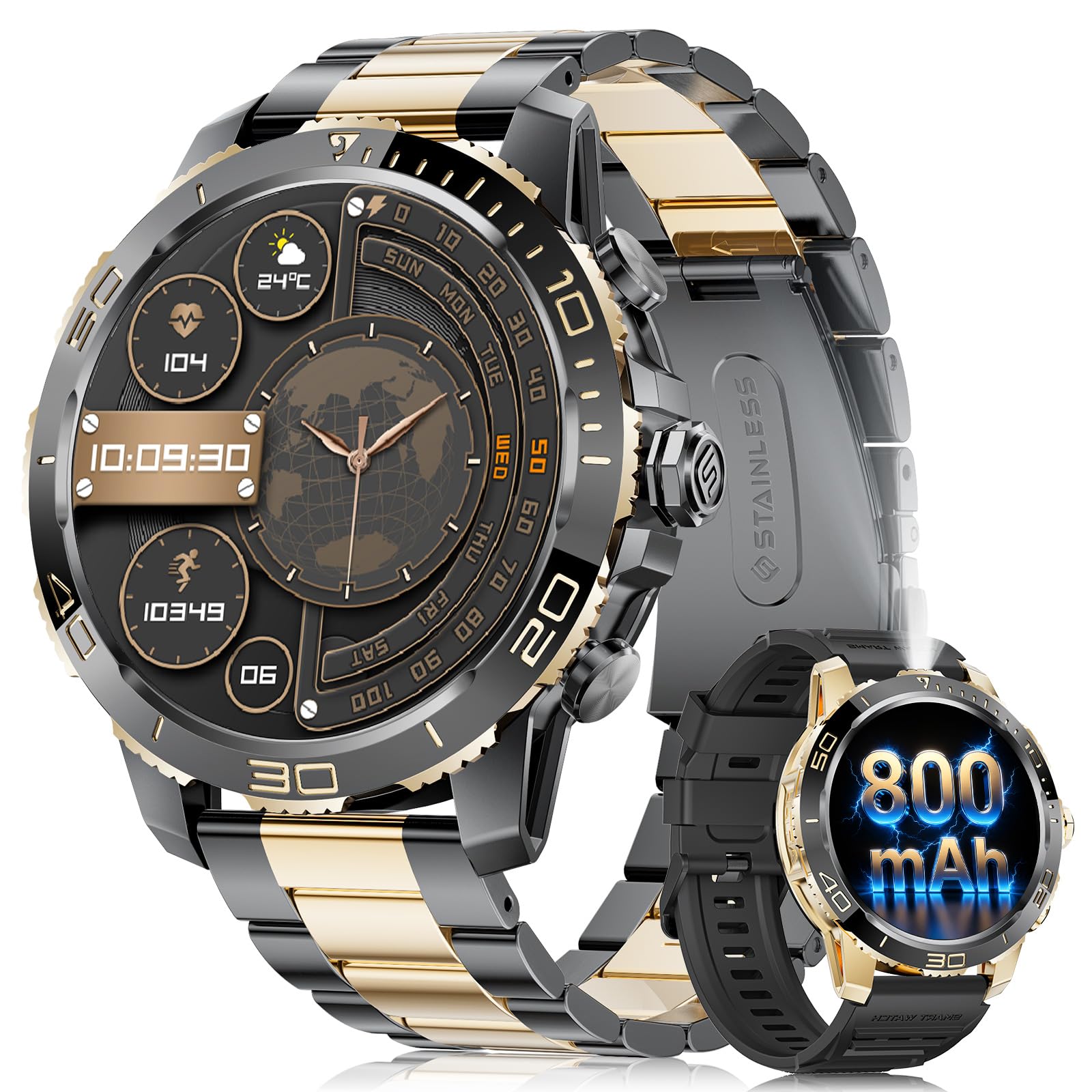 LIGEMI Montre Connectée Homme Militaire–1,43" AMOLED,800mAh (7-14j), IP68,Bluetooth appels,120+ Sports,santé (Cardio, SpO2, Sommeil),Android/iOS,Noir doré,2 Bracelets + 2 câbles.
