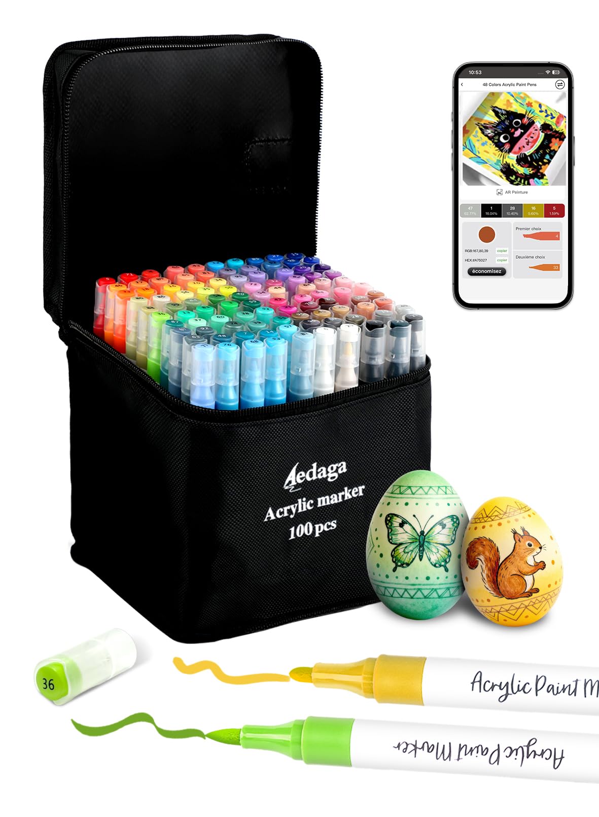 HornedDragon 100 Couleurs Feutres Acrylique, Acrylic Marker Double Pointe | App Gratuite | Pointe Pinceau & Fine | Séchage Rapide | Non toxique | Waterproof | Multi-surface | Feutres Coloriage Adulte