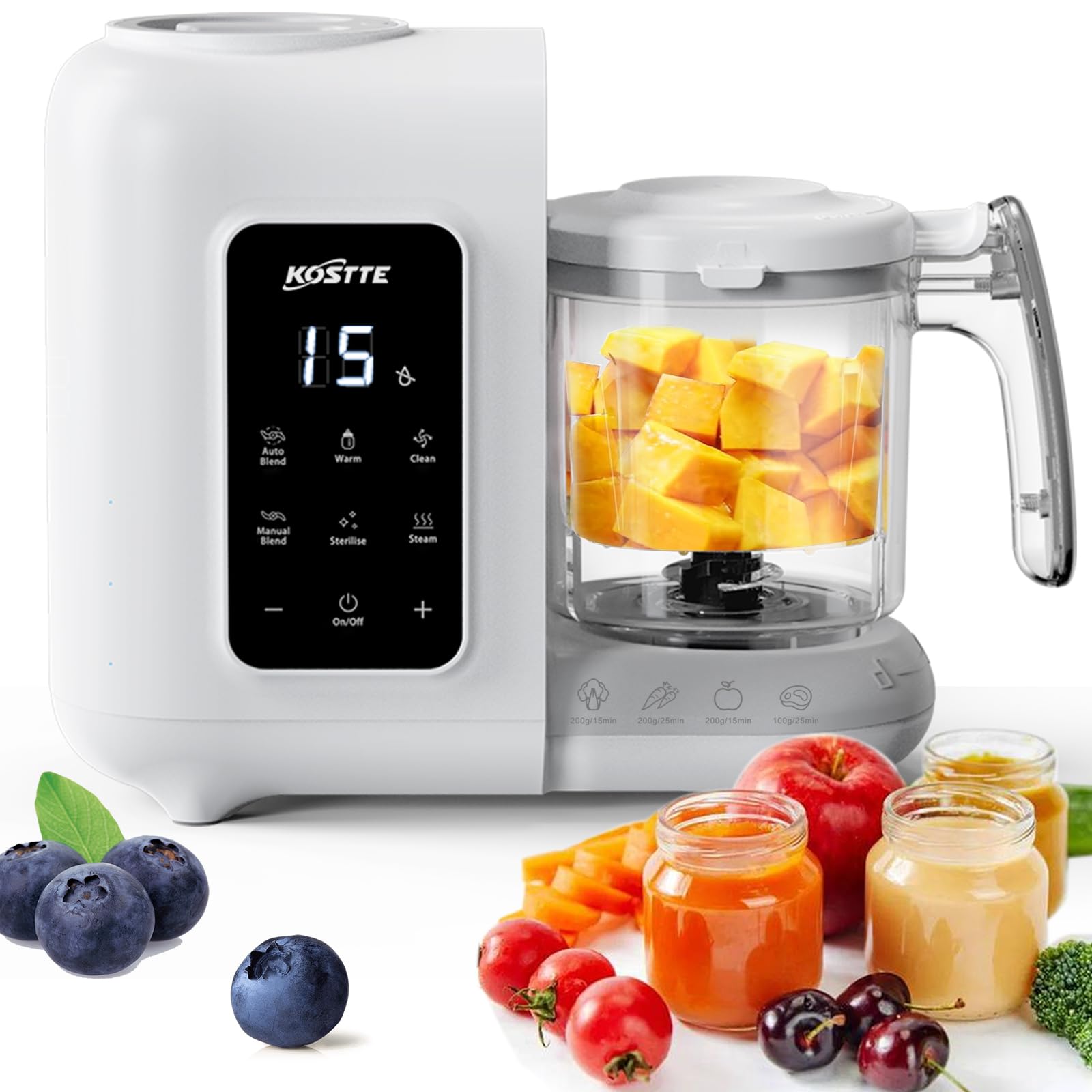 KOSTTE Robot Cuiseur Mixeur pour Bébés 6-en-1, Cuiseur Mixeur Multifonctions, Blender bebe, Réchauffe, Décongèle, Fonction autonettoyante, Cuisson Vapeur, Diversification alimentaire