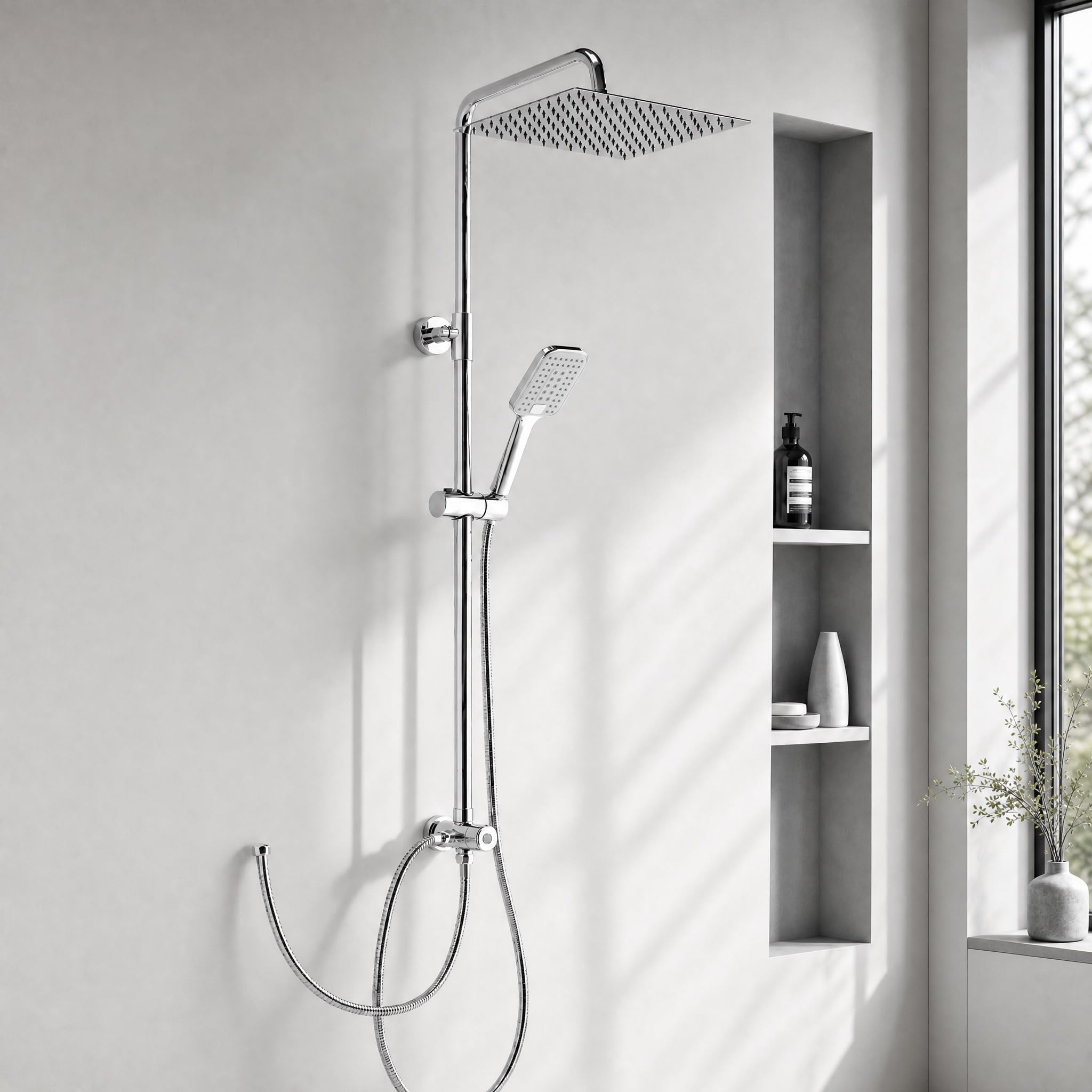 OFFO Colonne de Douche Acier Inoxydable, Tete de Douche Carré 25cm, Chrome | Colonne Douche sans Mitigeur avec Douchette à 3 Jets, Barre de Douche Réglable, Support Orientable à 360°, Flexible 1,6 m