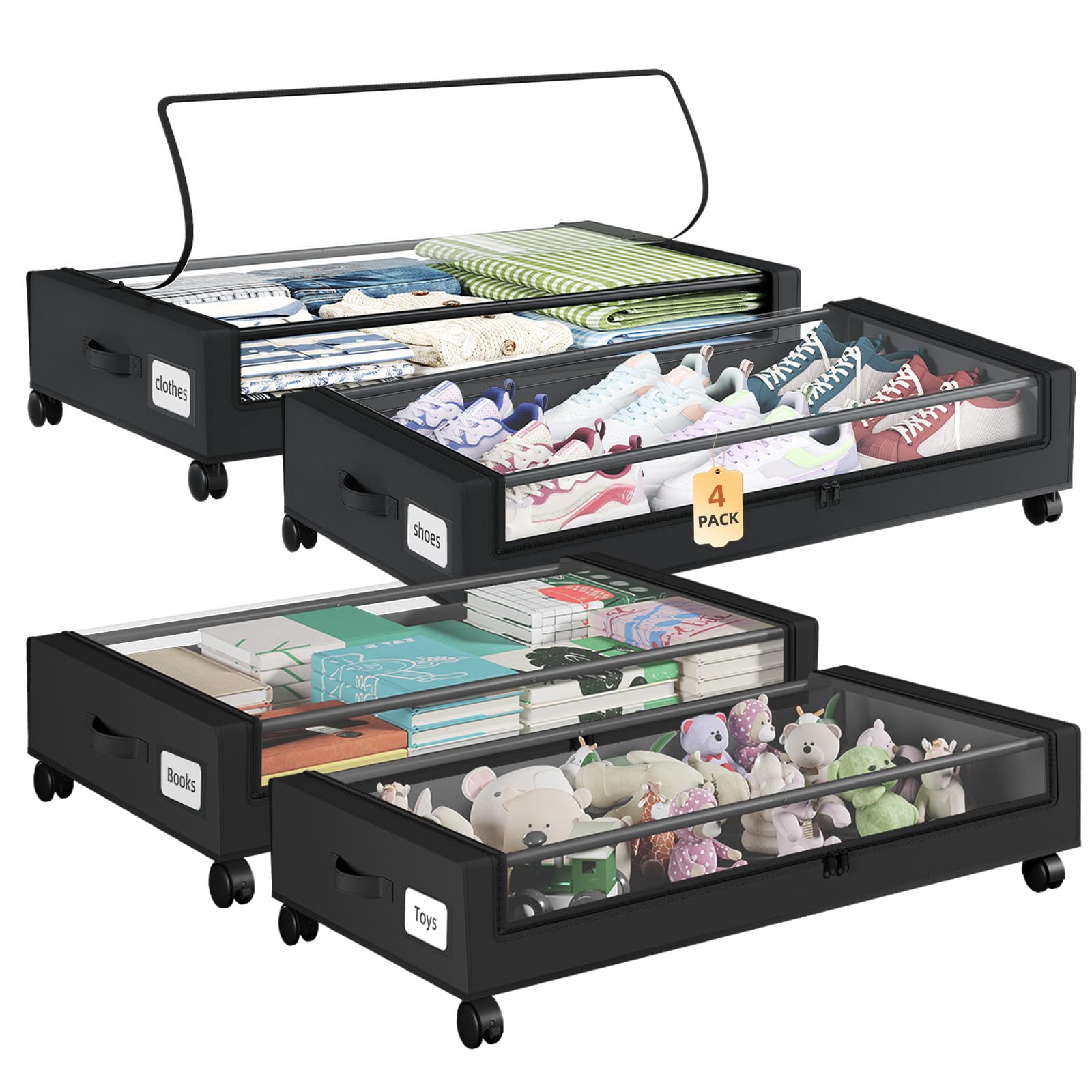 Somdot Caisse de Rangement sous Lit à Roulettes, Lot de 4, 48L, Noir | Boîtes de Rangement sous Lit Pliables avec Couvercle, Organisateur pour Ranger Vêtements et Chaussures, 43,5P x 78,5l x 17H