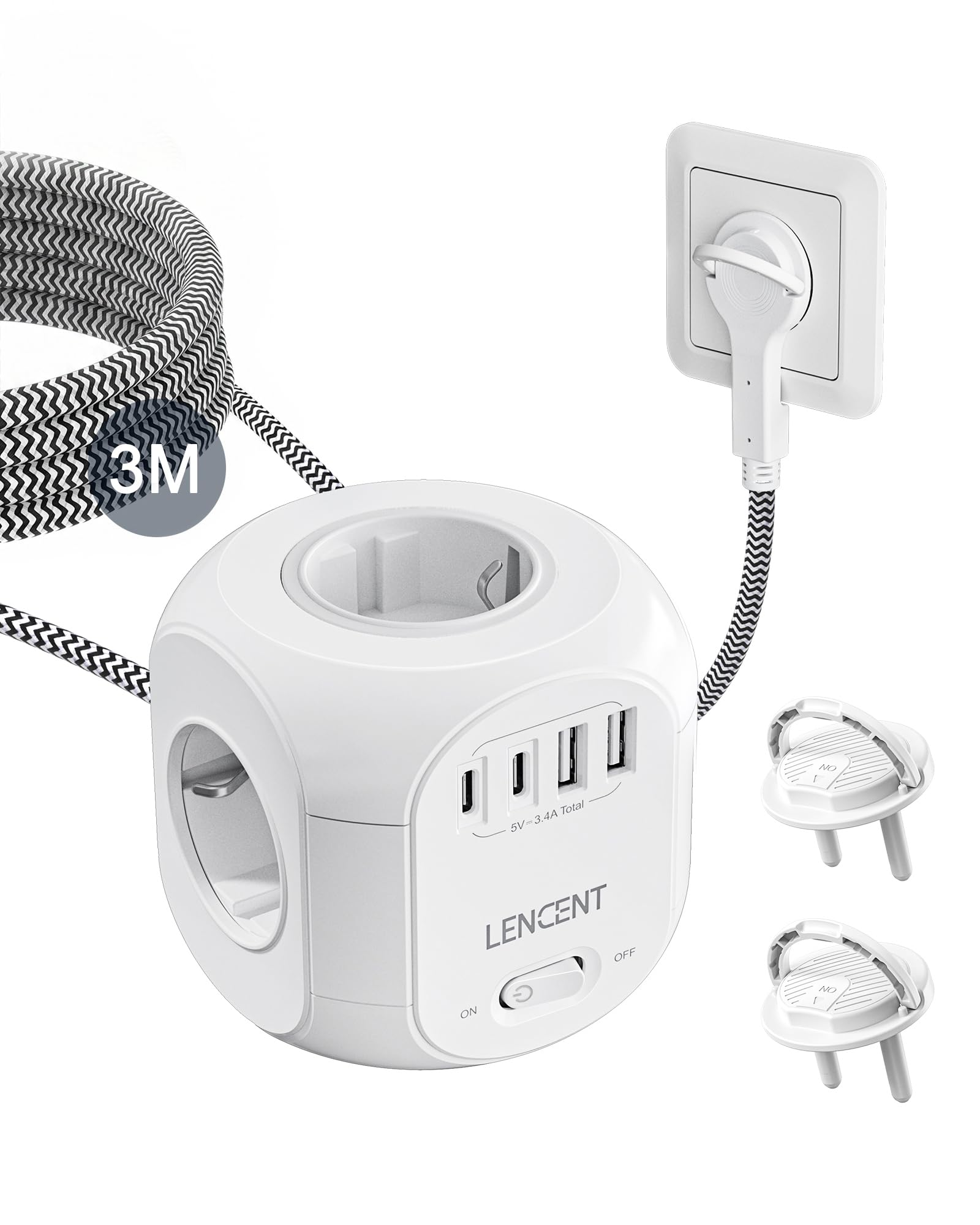 LENCENT Multiprise avec Interrupteur Cube Secteur 4 Prises,2 USB & 1 USB C | Multiprise USB Parafoudre et 4 Interrupteurs Rallonge Electrique 3M Câble la Maison et au Bureau Fiche Plate