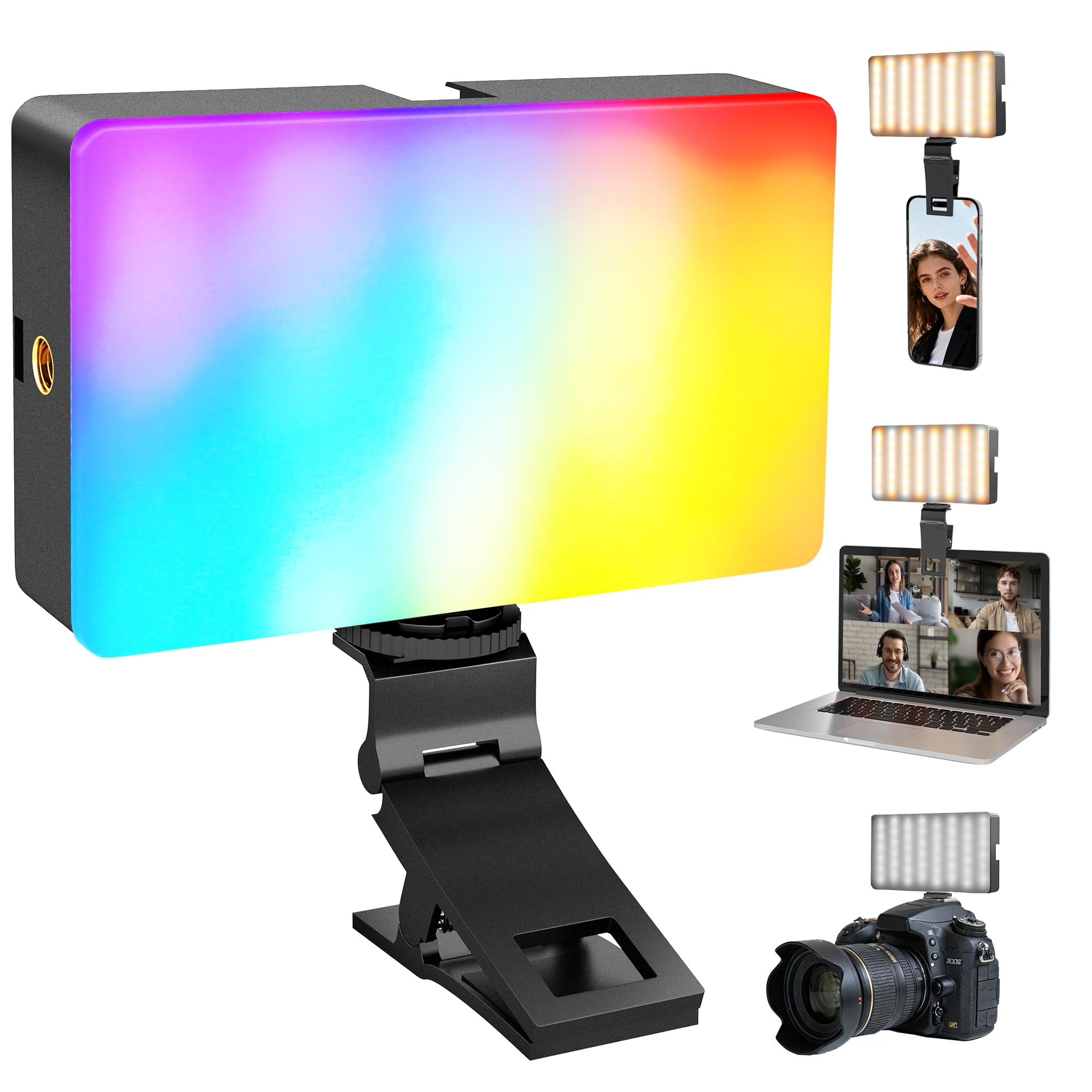 Niceveedi Lampe Vidéo RGB NiceVeedi, Lampe Selfie LED 2700K-6500K avec Pince, Griffe Porte-Accessoires et Fixation 1/4", Lampe Rechargeable pour Maquillage/Photographie/Streaming/Visioconférence