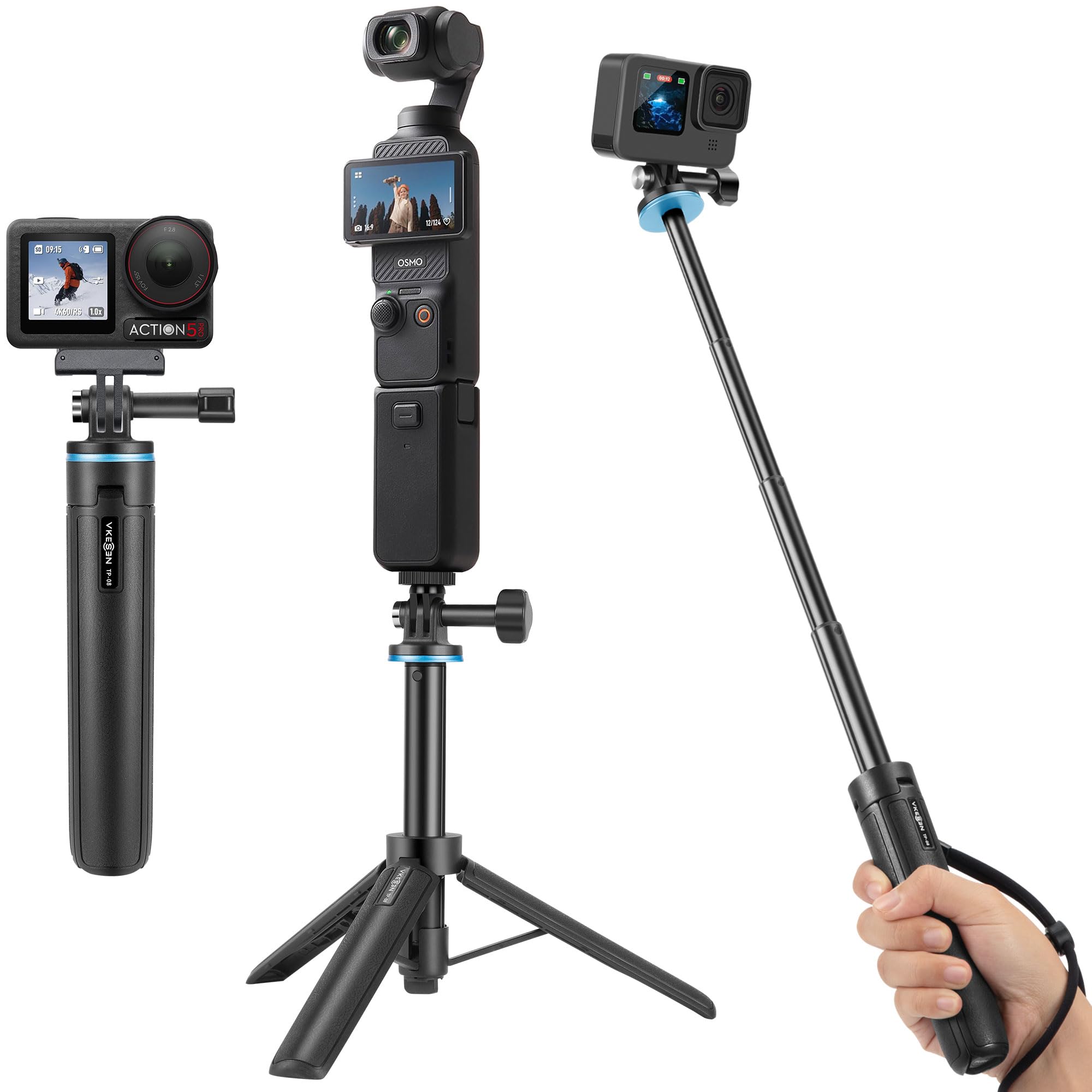 Mini Trepied avec Perche Télescopique 51cm pour DJI Osmo Pocket 4/3, GoPro Hero 13/12/11/10/9/Max, DJI Osmo Action 5 Pro/4, Insta360 Ace Pro, AKASO EK7000/V50X et Autres caméra d'action