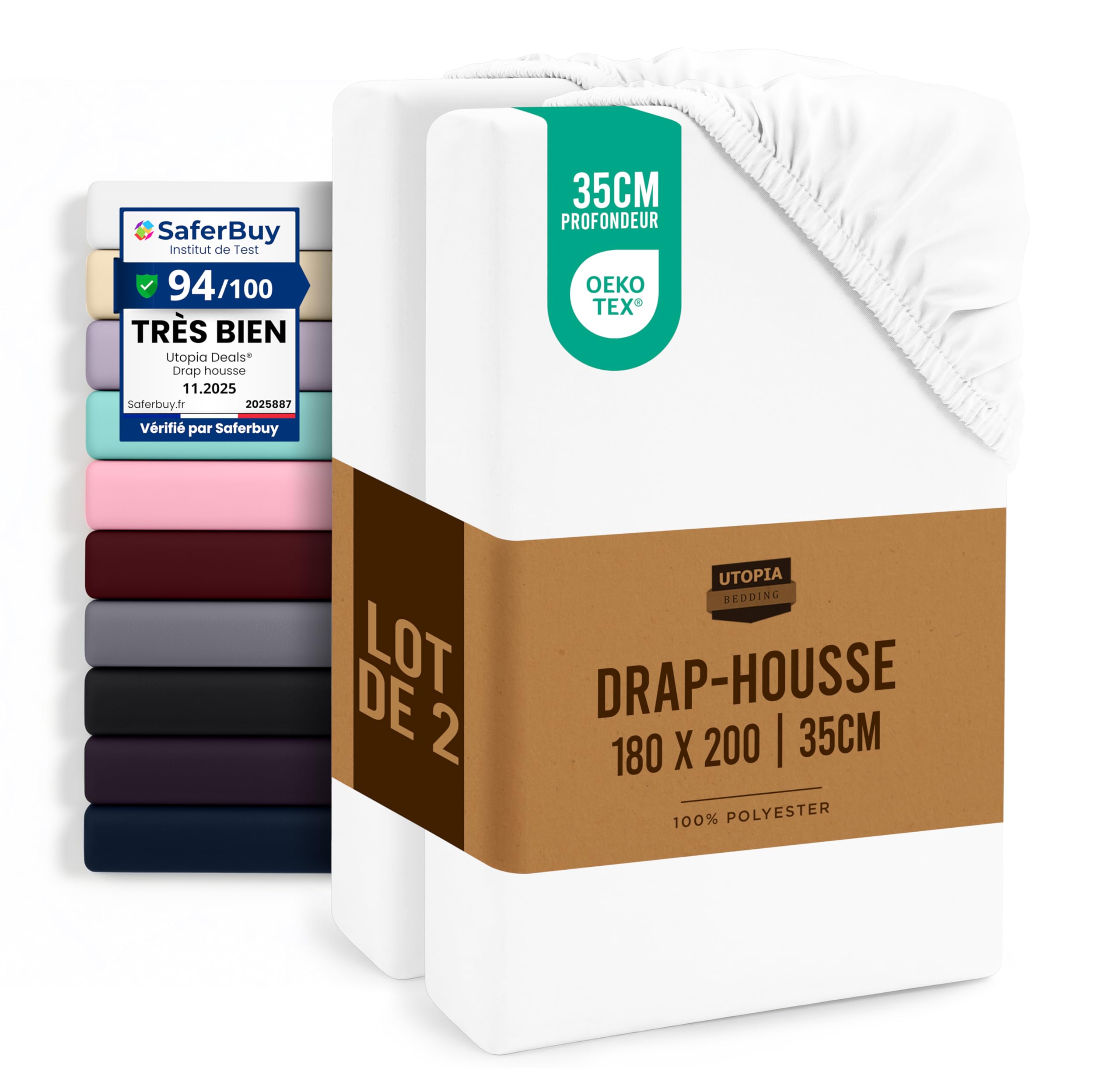 Utopia Bedding Lot de 2 Drap Housse - Blanc, 180 x 200 cm - Coupes de 35 cm pour Matelas épais - Certifié Oeko-Tex - Polyester Microfibre brossée