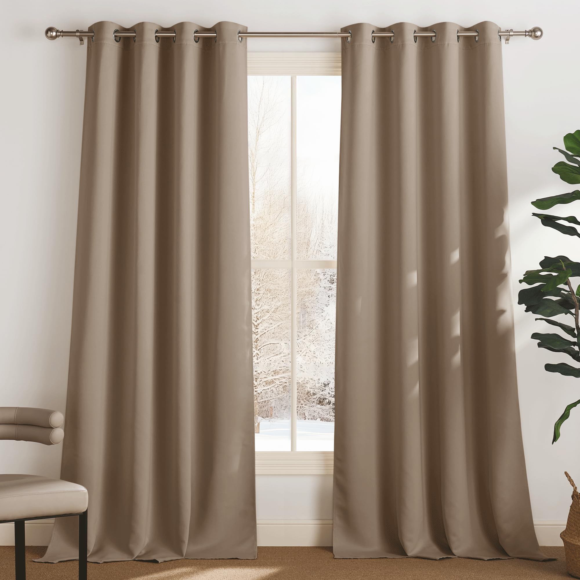 PONY DANCE Rideau Occultant Salon Oeillets Isolation Thermique 140x280 cm | Rideaux Anti Chaleur, Anti Froid, anti UV, Décoration Fenêtre, Lumineux Bloquer pour Maison Chambre, Cappuccino, Lot de 2