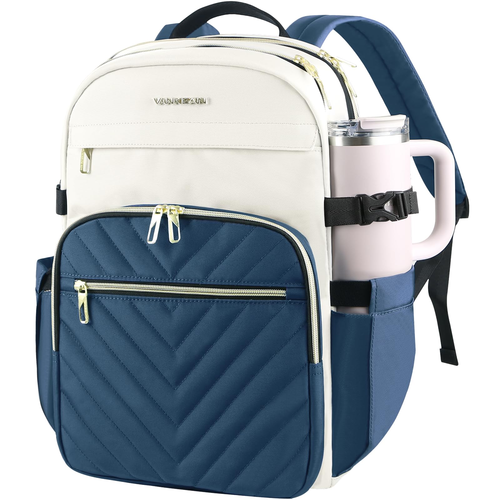VANKEAN Sac à dos pour Ordinateur Portable de 15,6 Pouces pour Homme Femme | sac à dos imperméable, sac de voyage élégant, sac de voyage décontracté pour université,Beige-bleu Brume